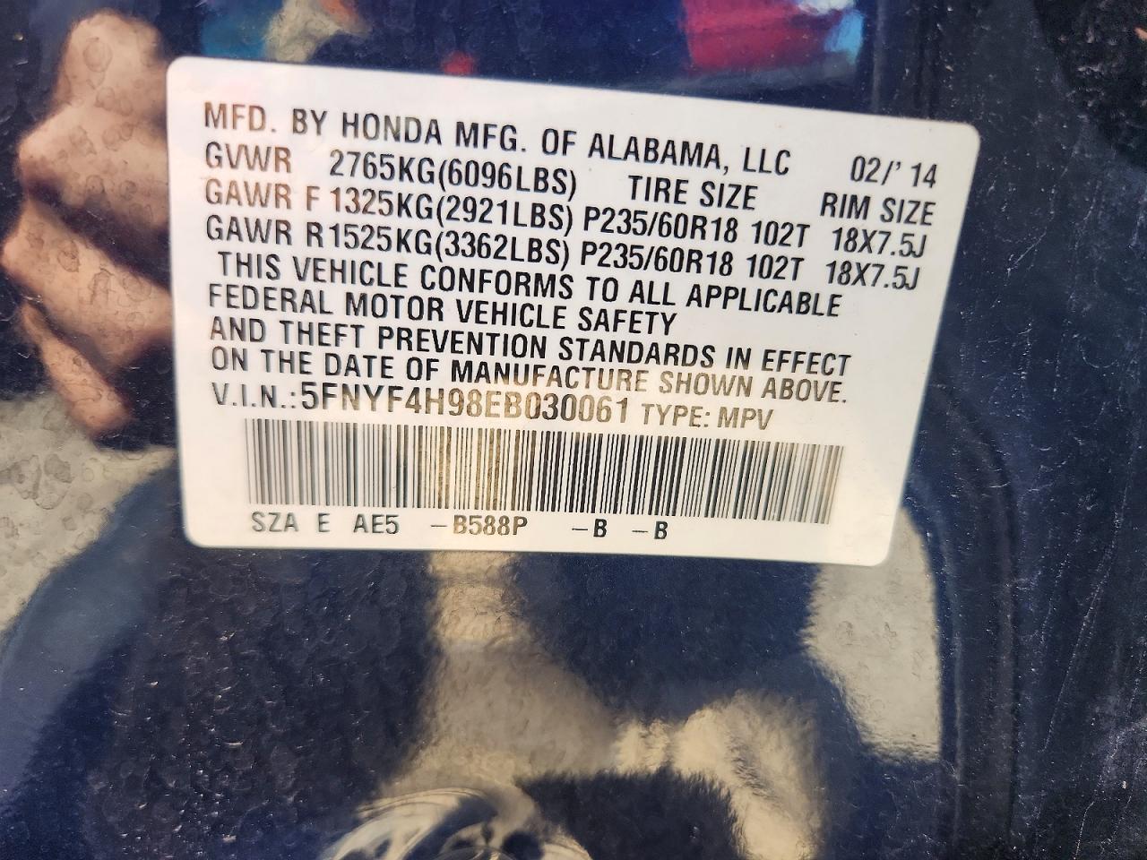 2014 Honda Pilot Touring Blue vin: 5FNYF4H98EB030061