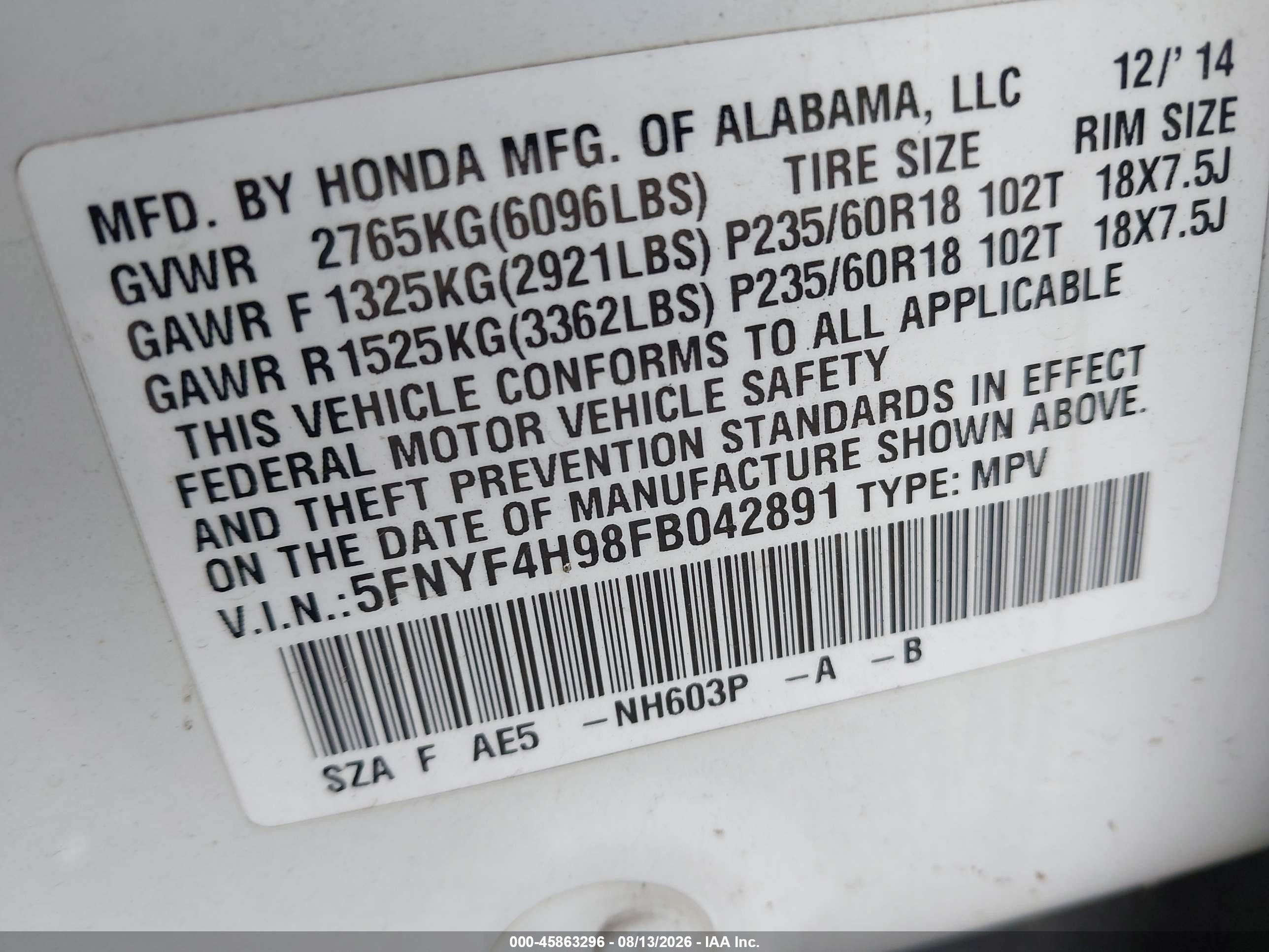 2015 Honda Pilot Touring White vin: 5FNYF4H98FB042891
