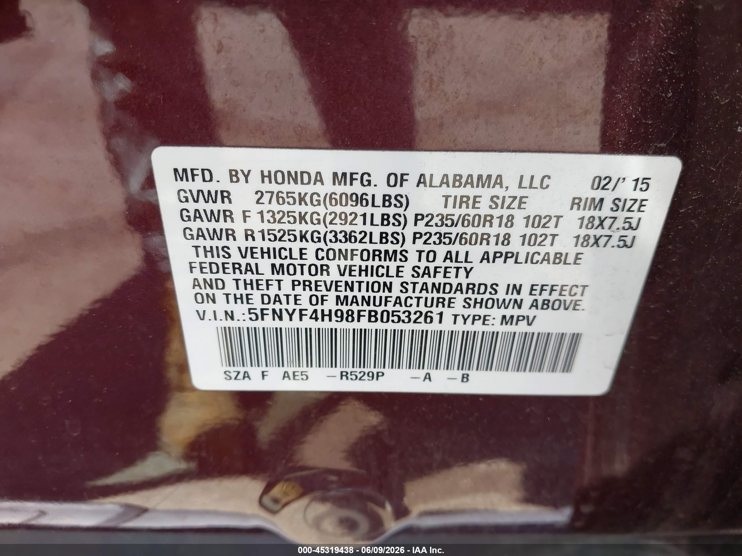 2015 Honda Pilot Touring Burgundy vin: 5FNYF4H98FB053261