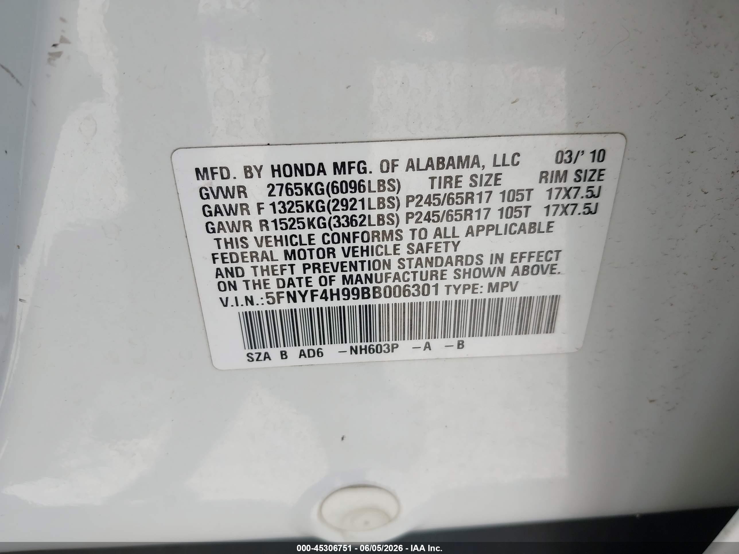 2011 Honda Pilot Touring White vin: 5FNYF4H99BB006301