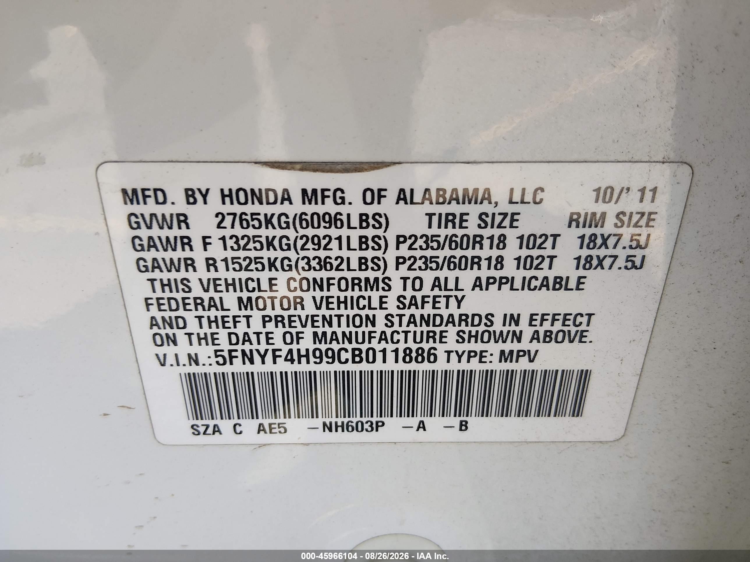 2012 Honda Pilot Touring White vin: 5FNYF4H99CB011886