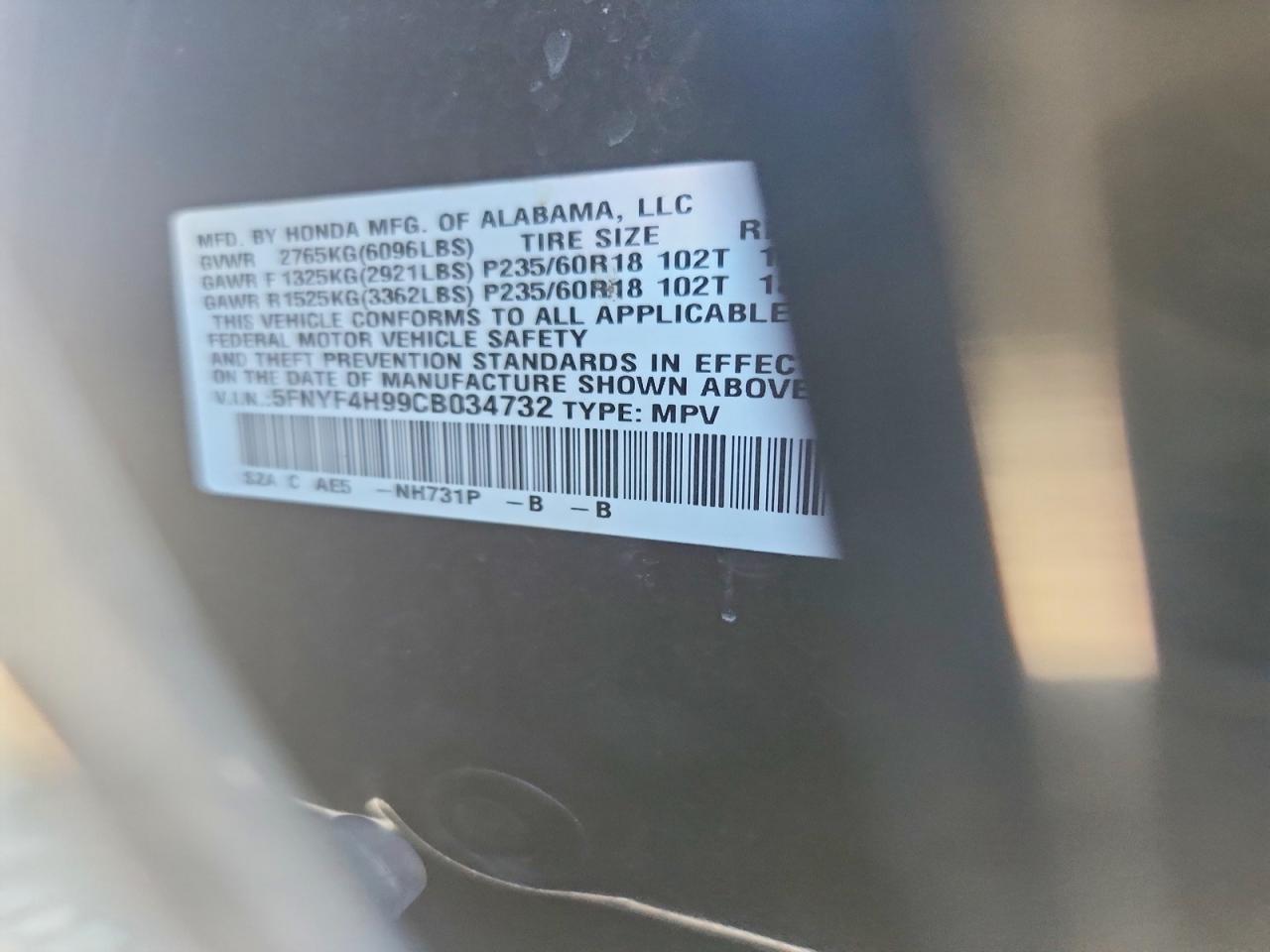 2012 Honda Pilot Touring Black vin: 5FNYF4H99CB034732