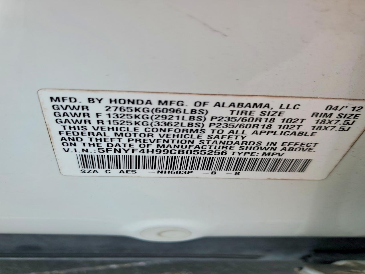 2012 Honda Pilot Touring White vin: 5FNYF4H99CB055256
