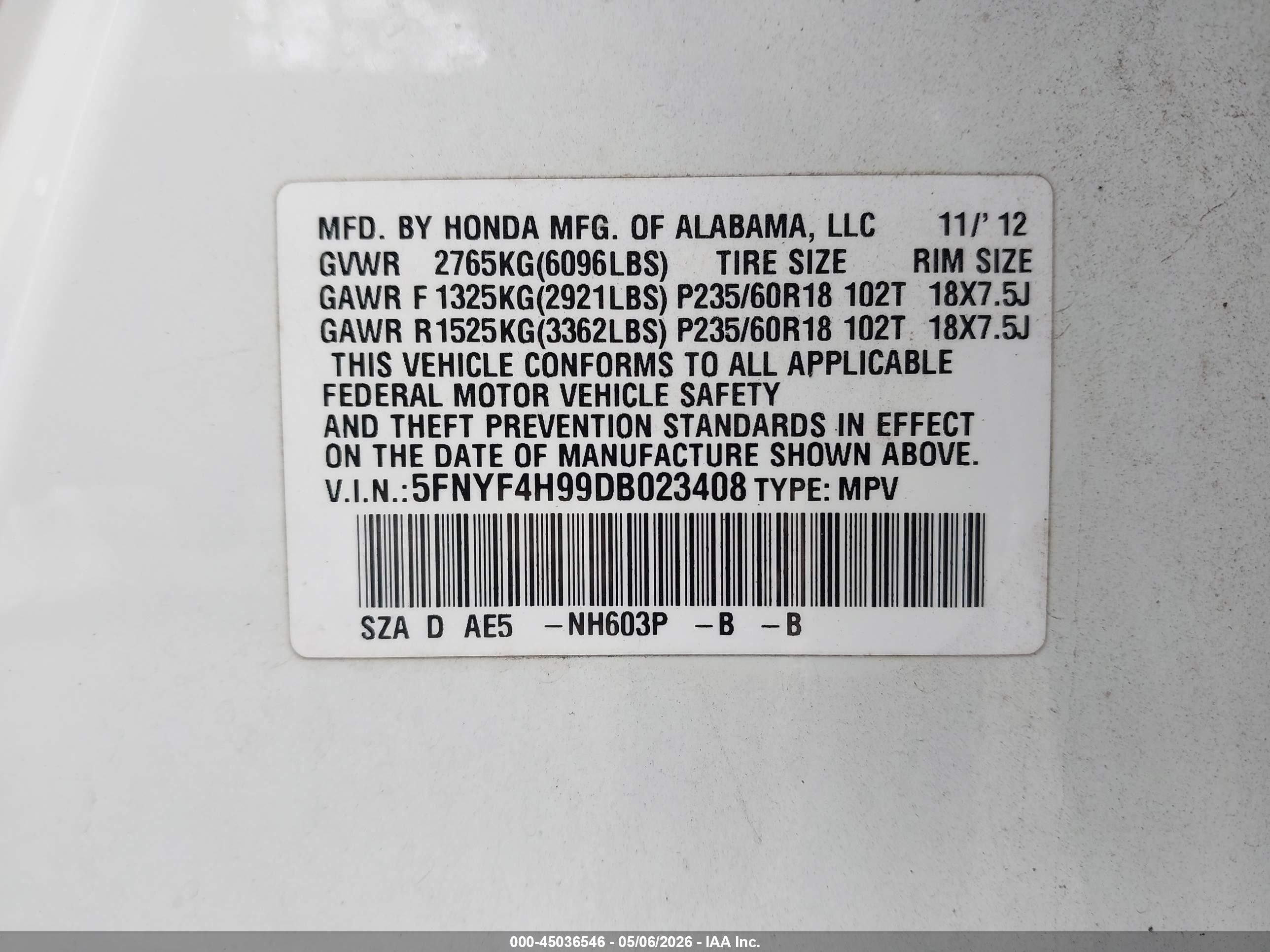 2013 Honda Pilot Touring White vin: 5FNYF4H99DB023408
