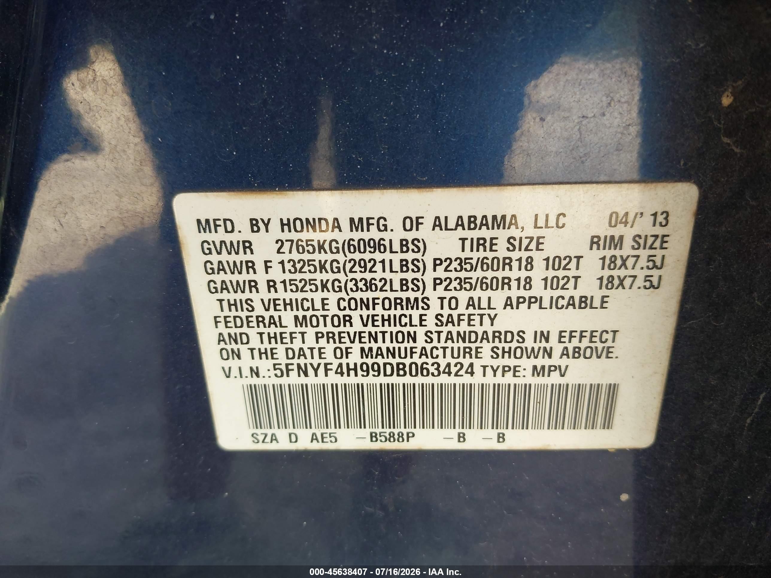 2013 Honda Pilot Touring Blue vin: 5FNYF4H99DB063424