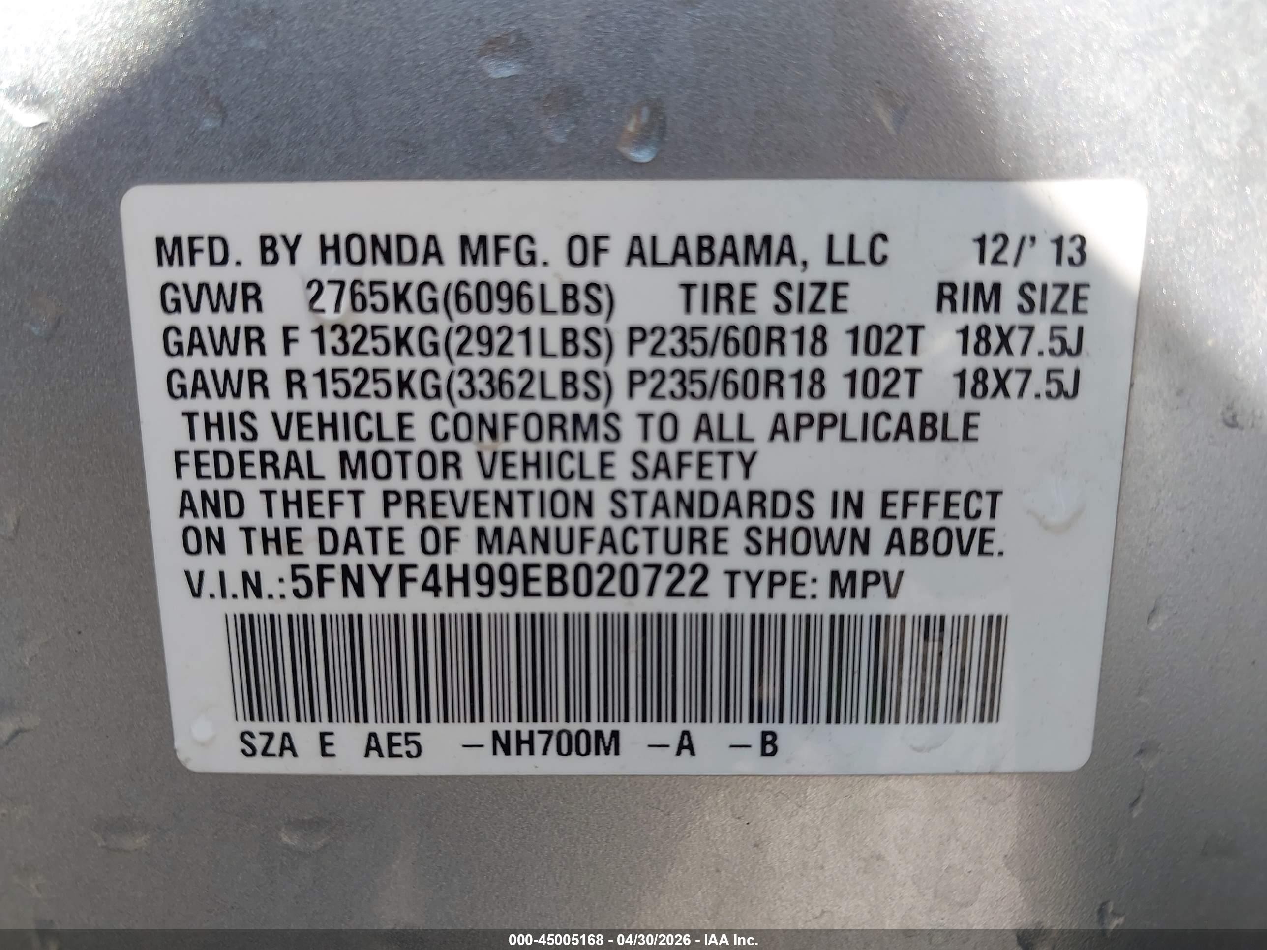 2014 Honda Pilot Touring Silver vin: 5FNYF4H99EB020722