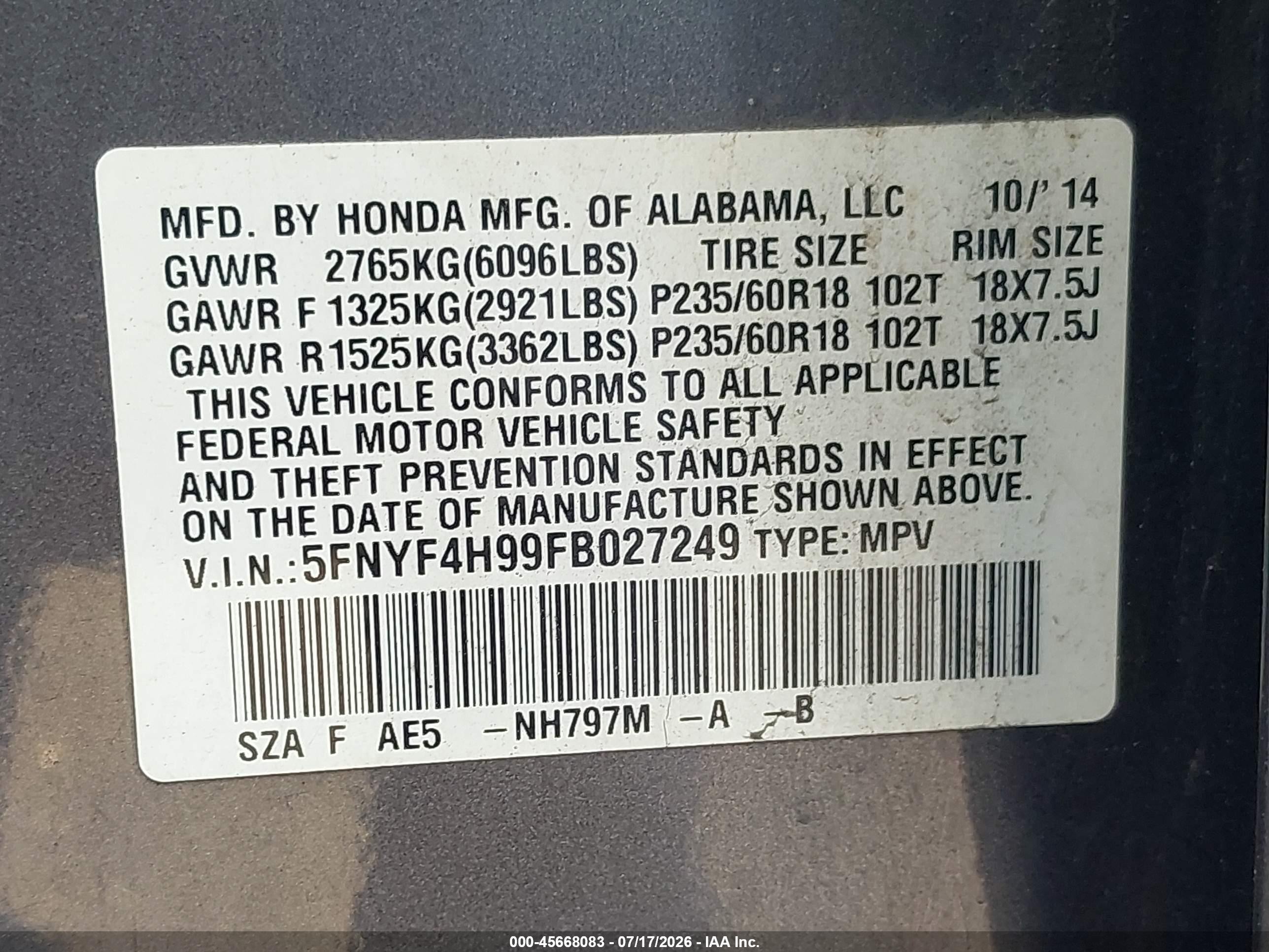 2015 Honda Pilot Touring Gray vin: 5FNYF4H99FB027249
