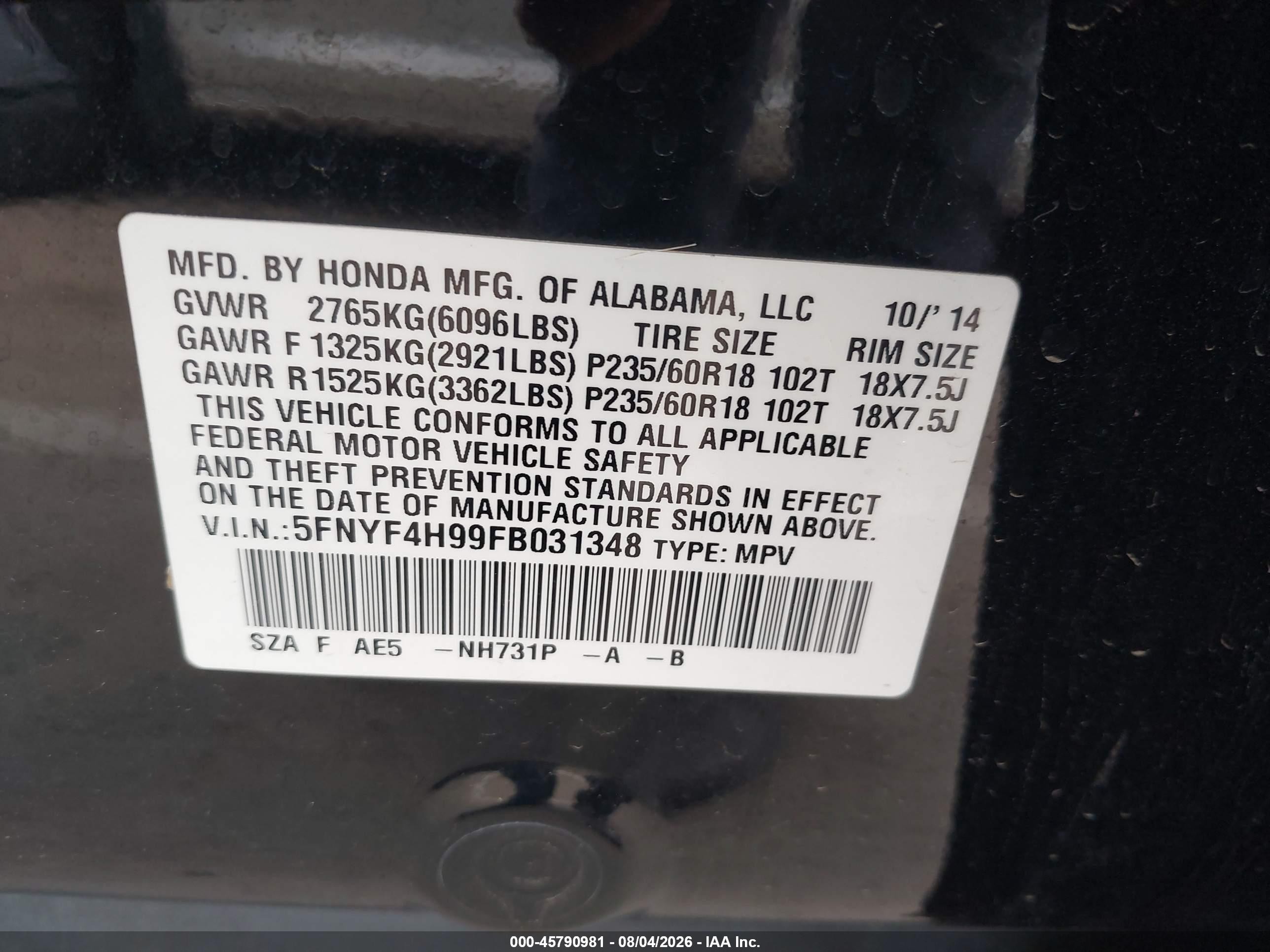 2015 Honda Pilot Touring Black vin: 5FNYF4H99FB031348