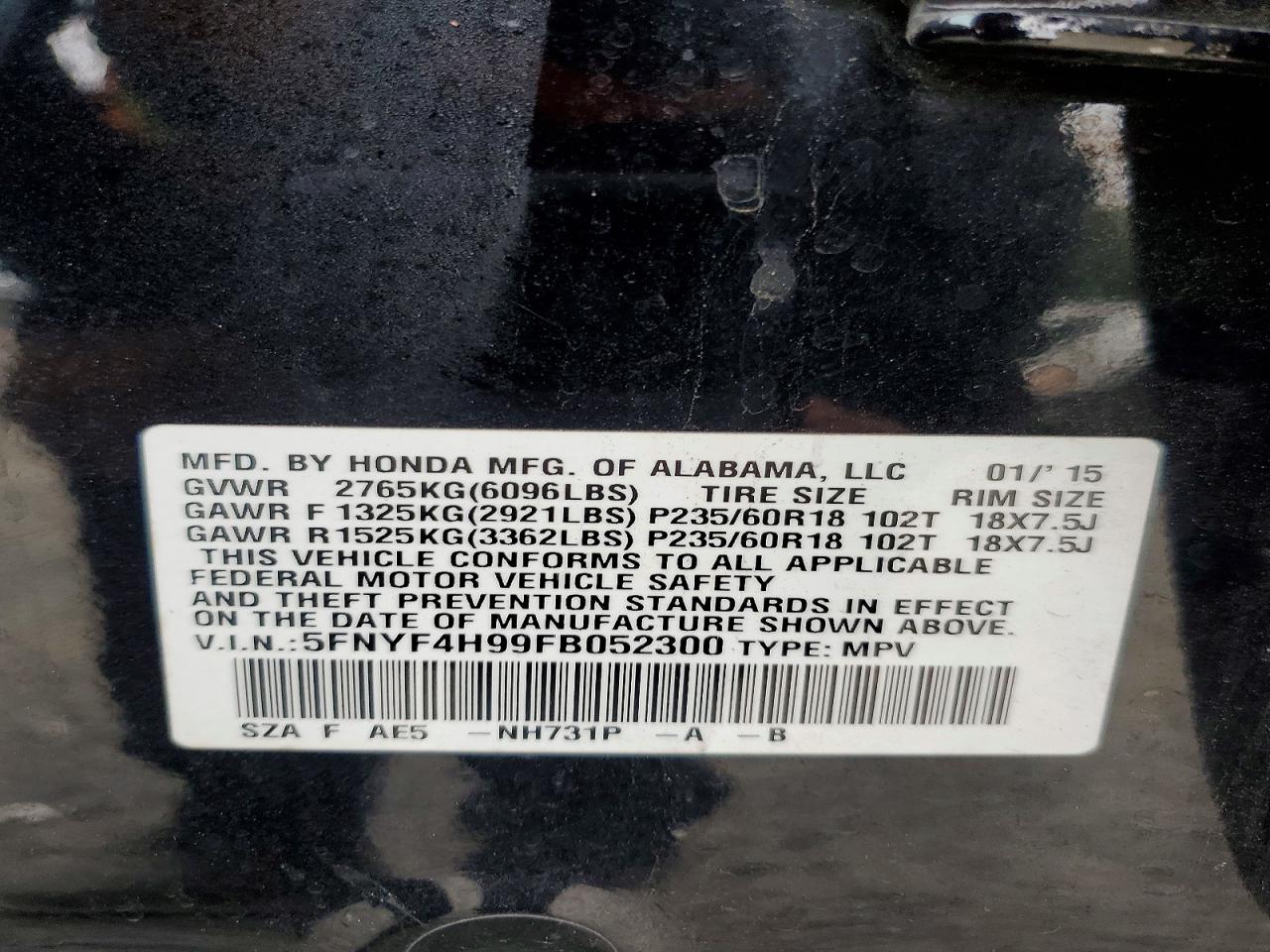2015 Honda Pilot Touring Black vin: 5FNYF4H99FB052300