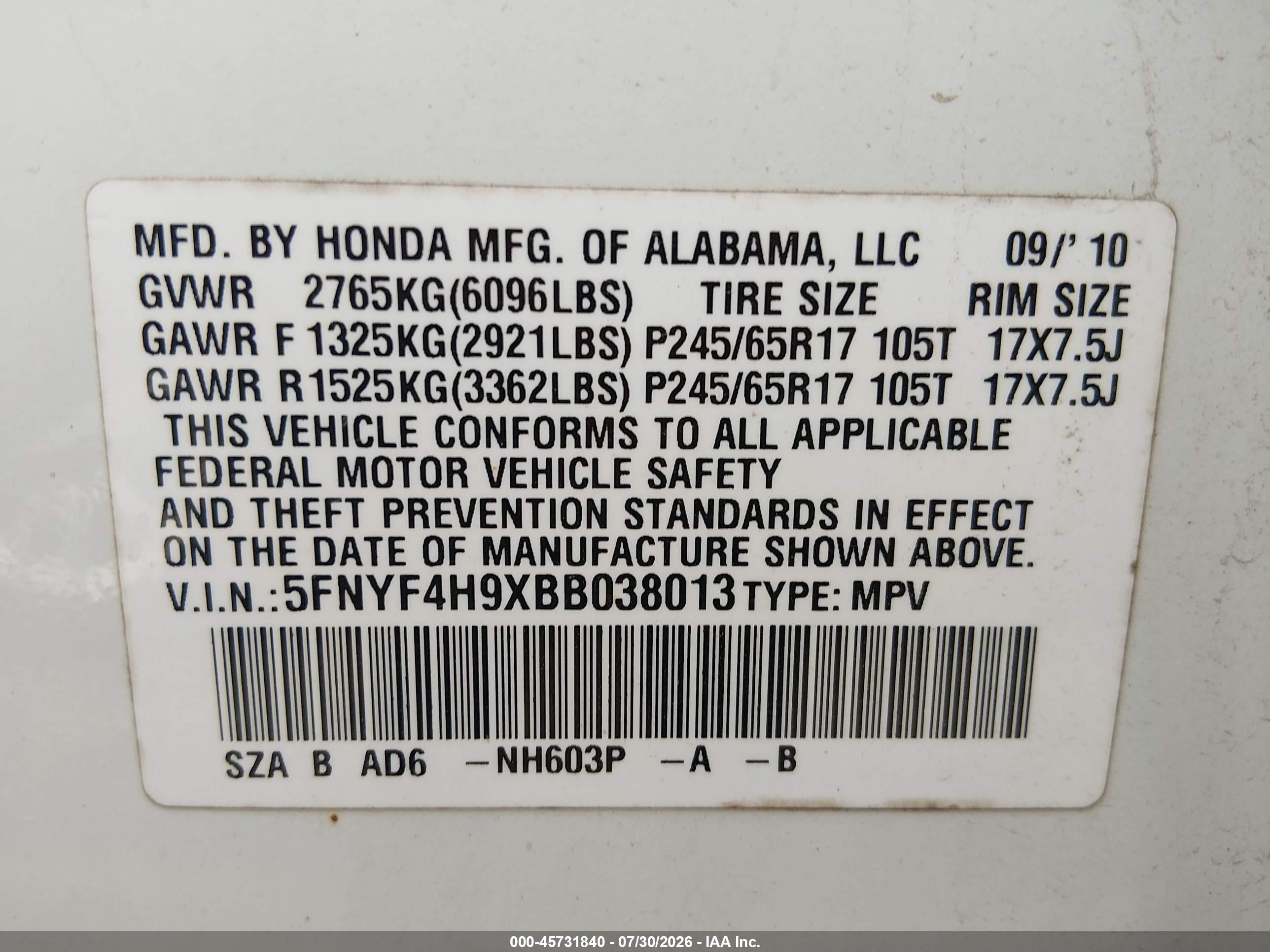 2011 Honda Pilot Touring White vin: 5FNYF4H9XBB038013