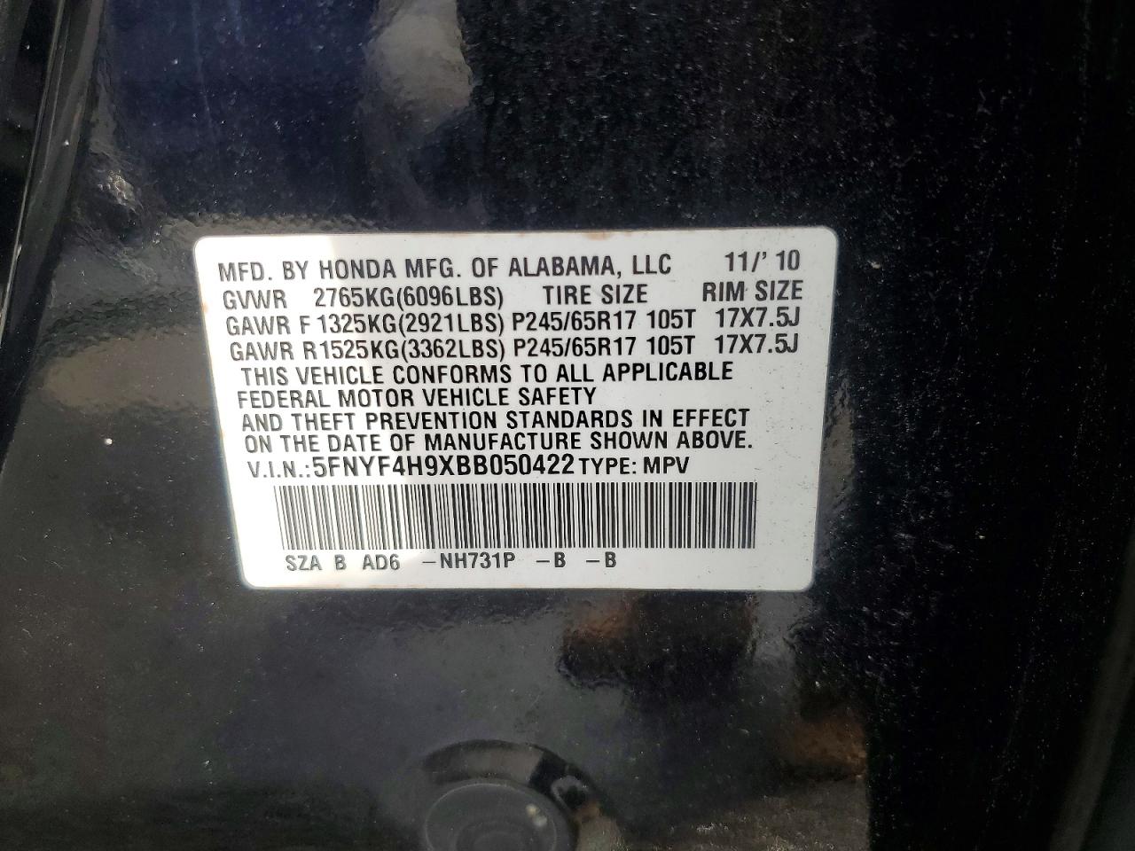 2011 Honda Pilot Touring Black vin: 5FNYF4H9XBB050422