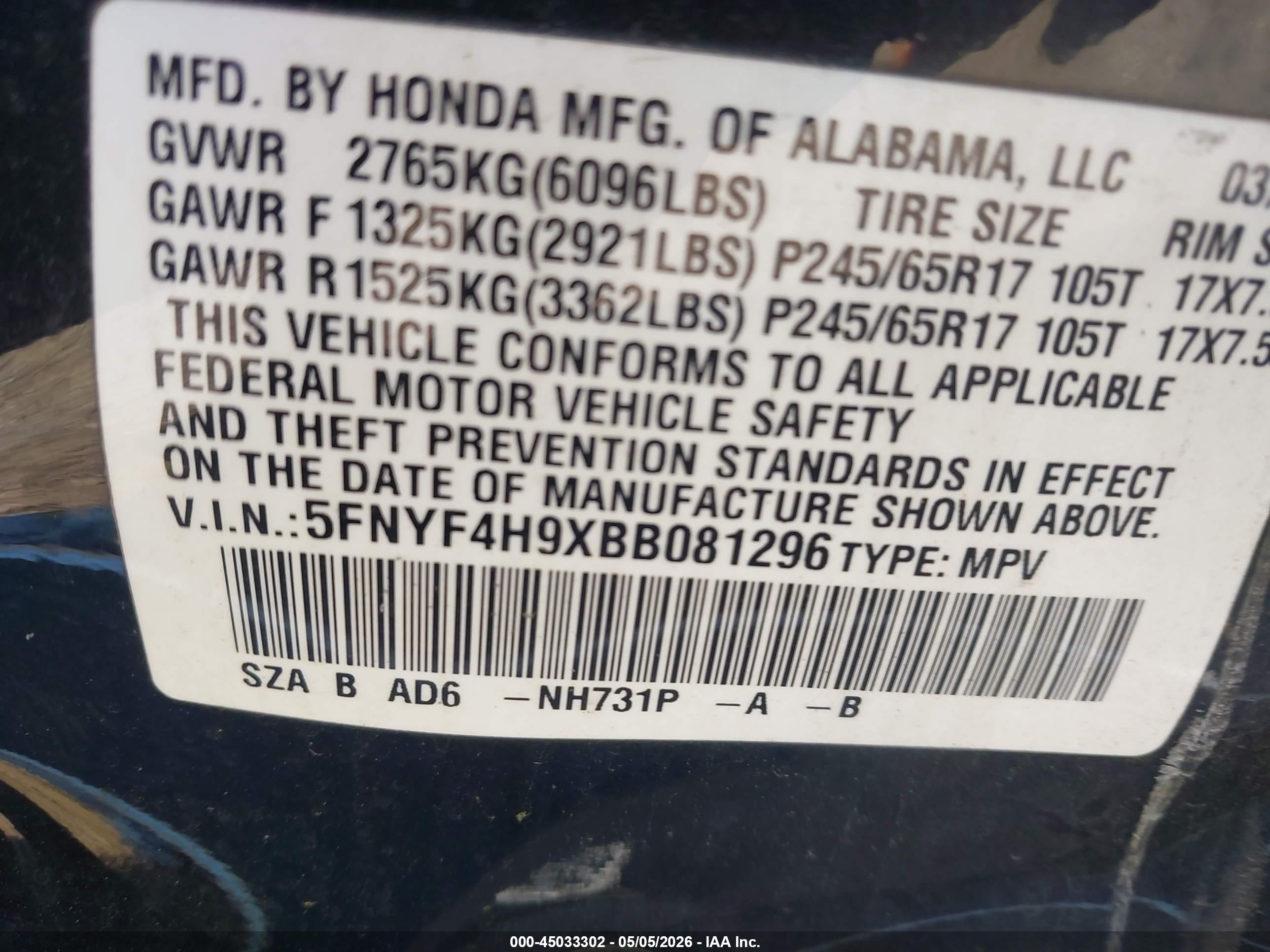 2011 Honda Pilot Touring Черный vin: 5FNYF4H9XBB081296
