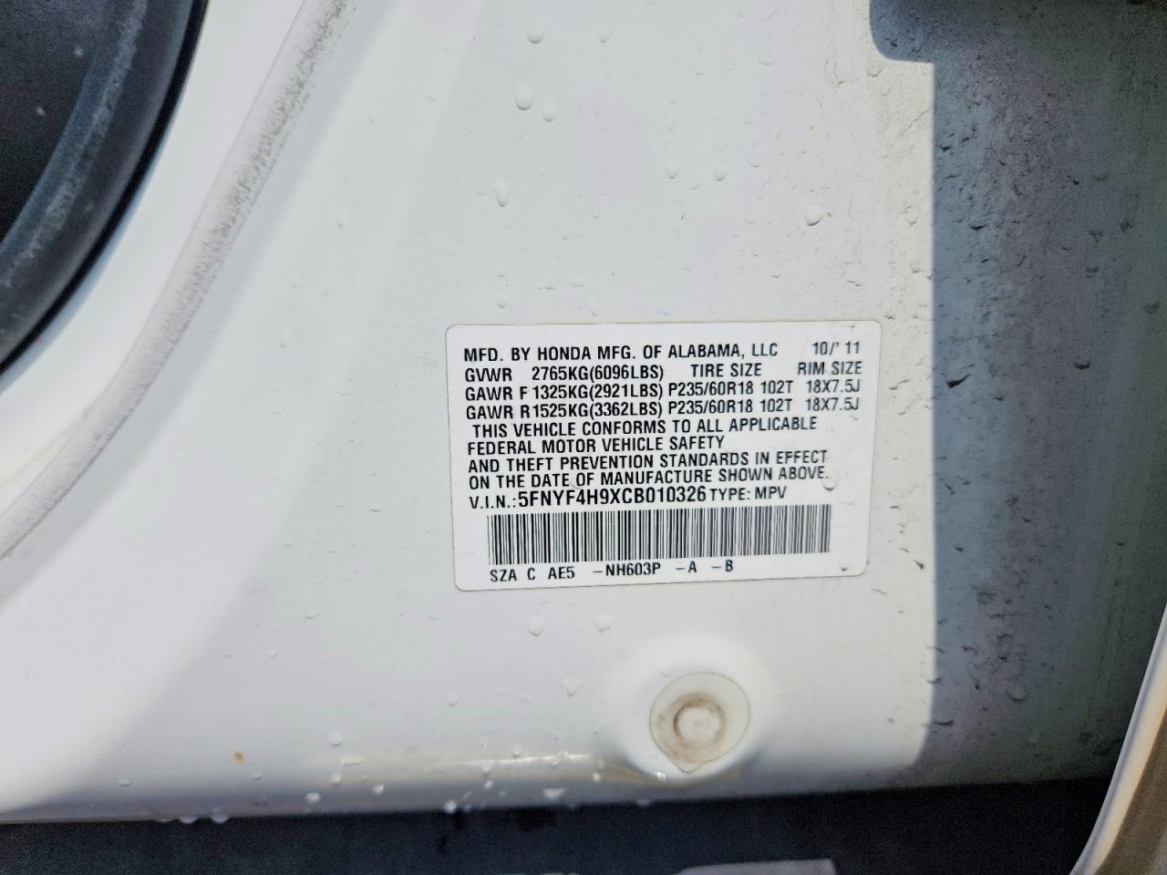2012 Honda Pilot Touring White vin: 5FNYF4H9XCB010326