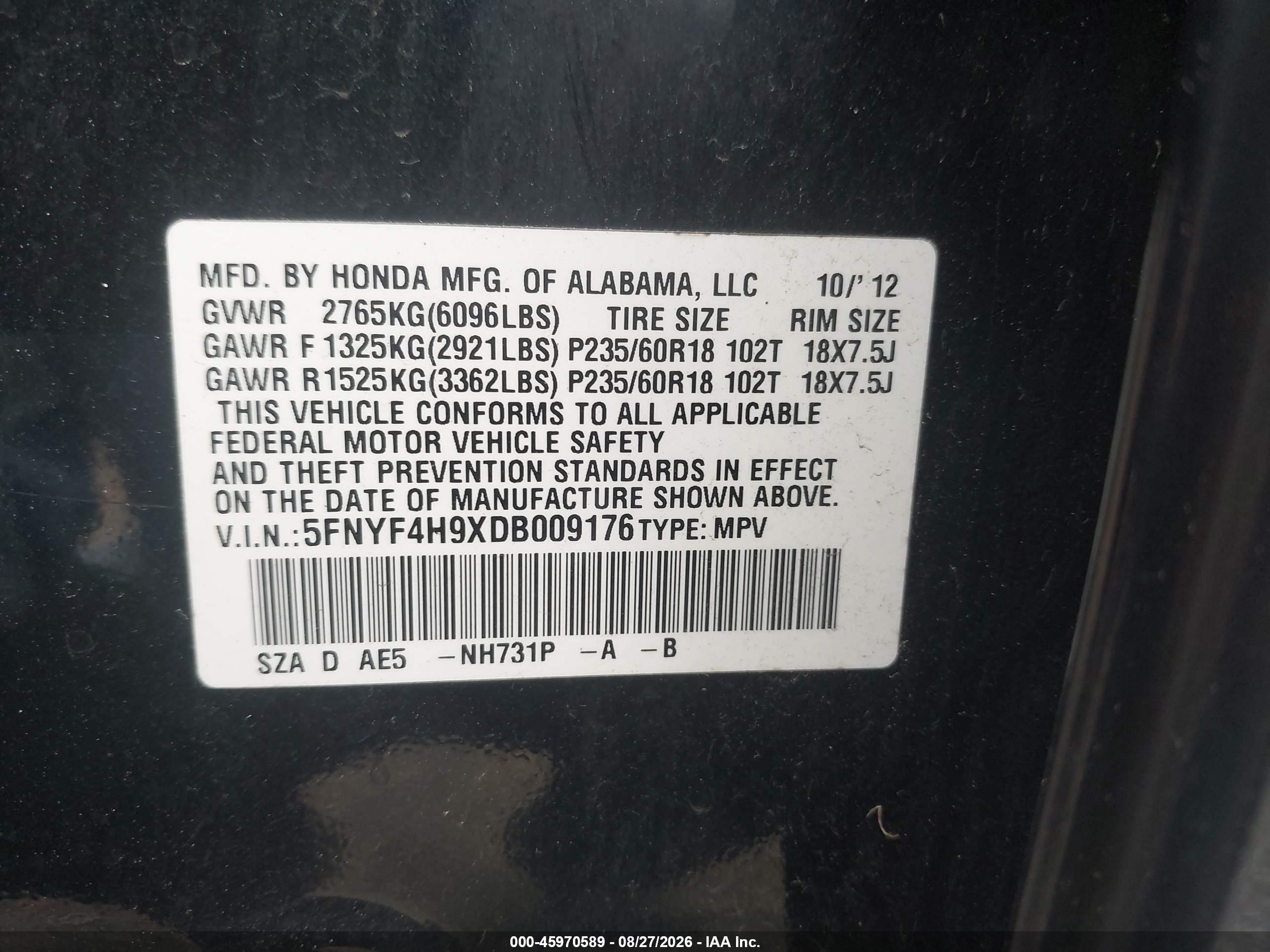 2013 Honda Pilot Touring Black vin: 5FNYF4H9XDB009176