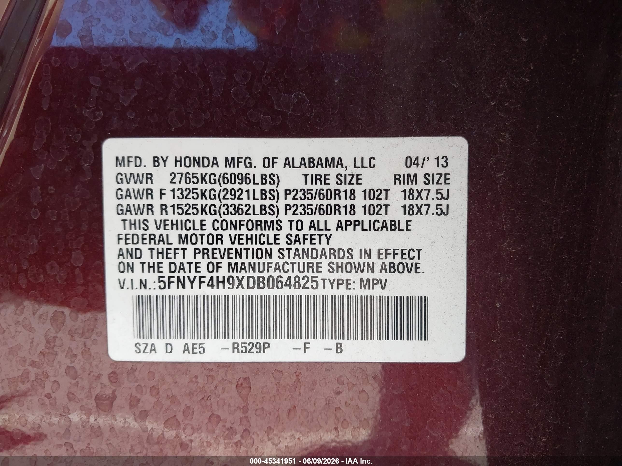 2013 Honda Pilot Touring Burgundy vin: 5FNYF4H9XDB064825
