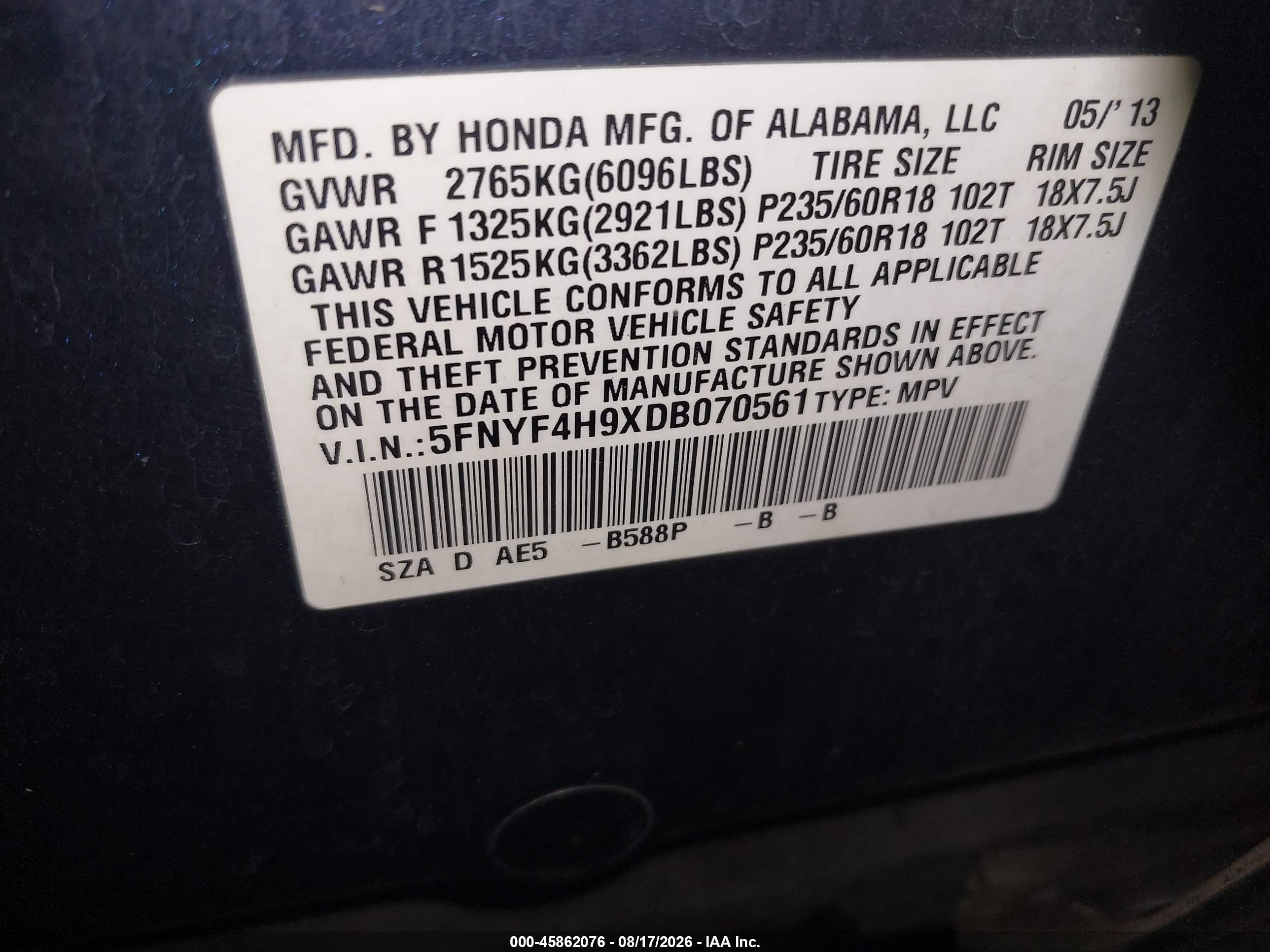 2013 Honda Pilot Touring Blue vin: 5FNYF4H9XDB070561