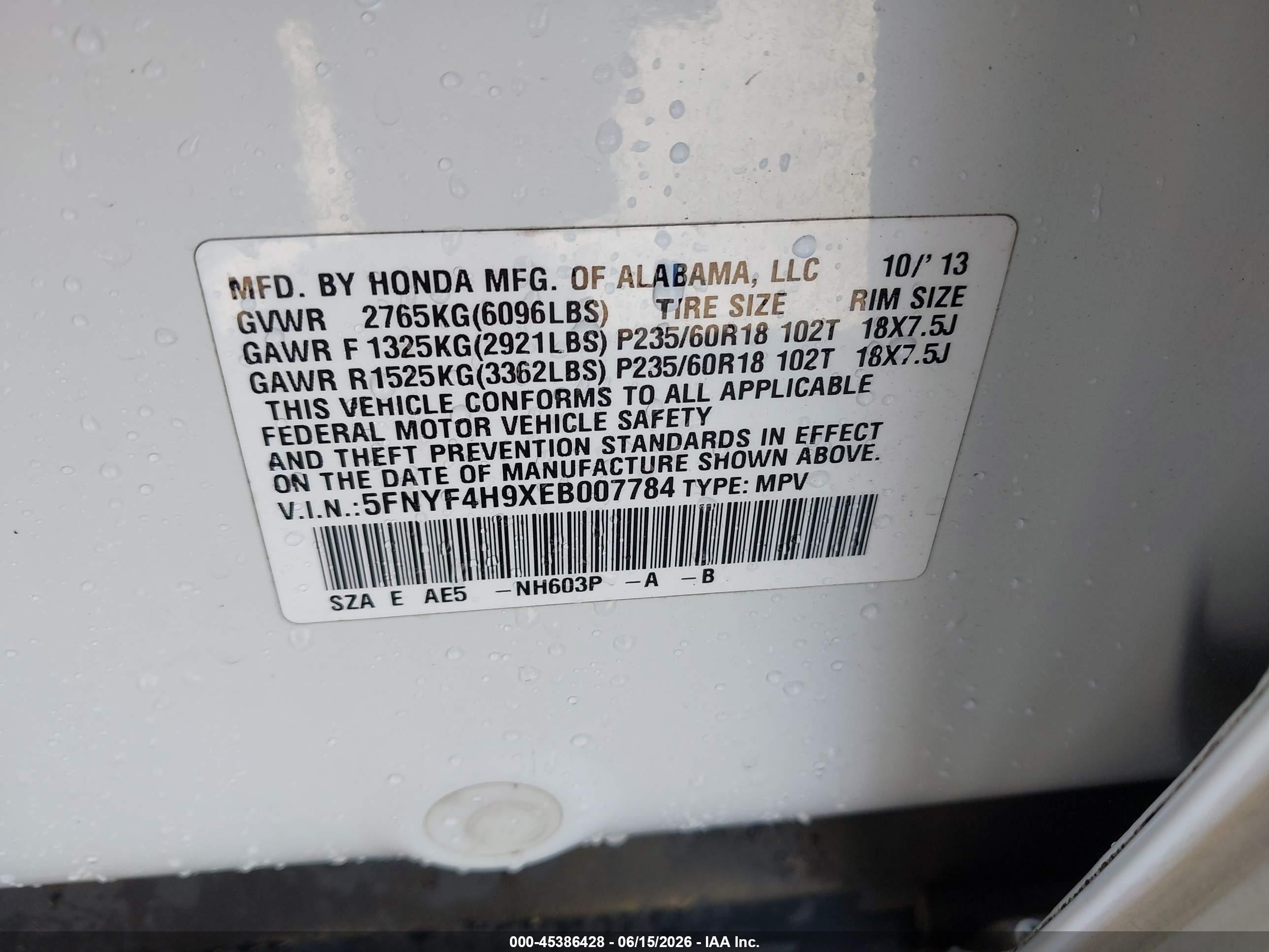 2014 Honda Pilot Touring White vin: 5FNYF4H9XEB007784