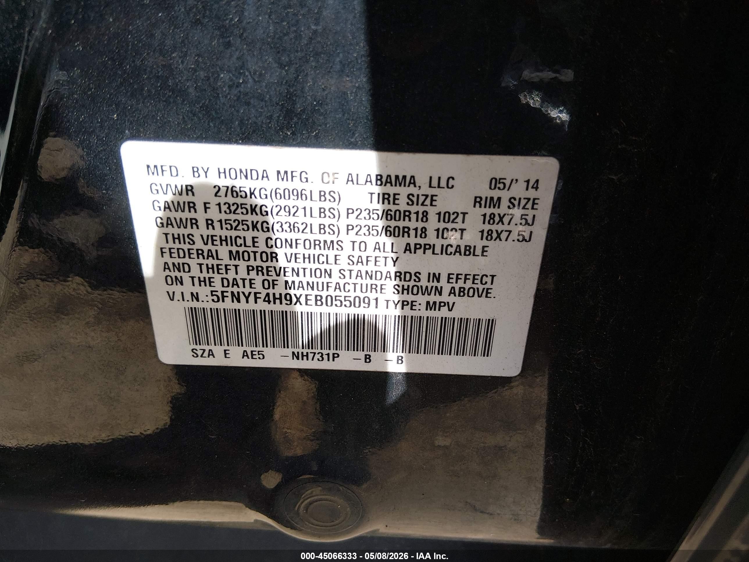 2014 Honda Pilot Touring Black vin: 5FNYF4H9XEB055091