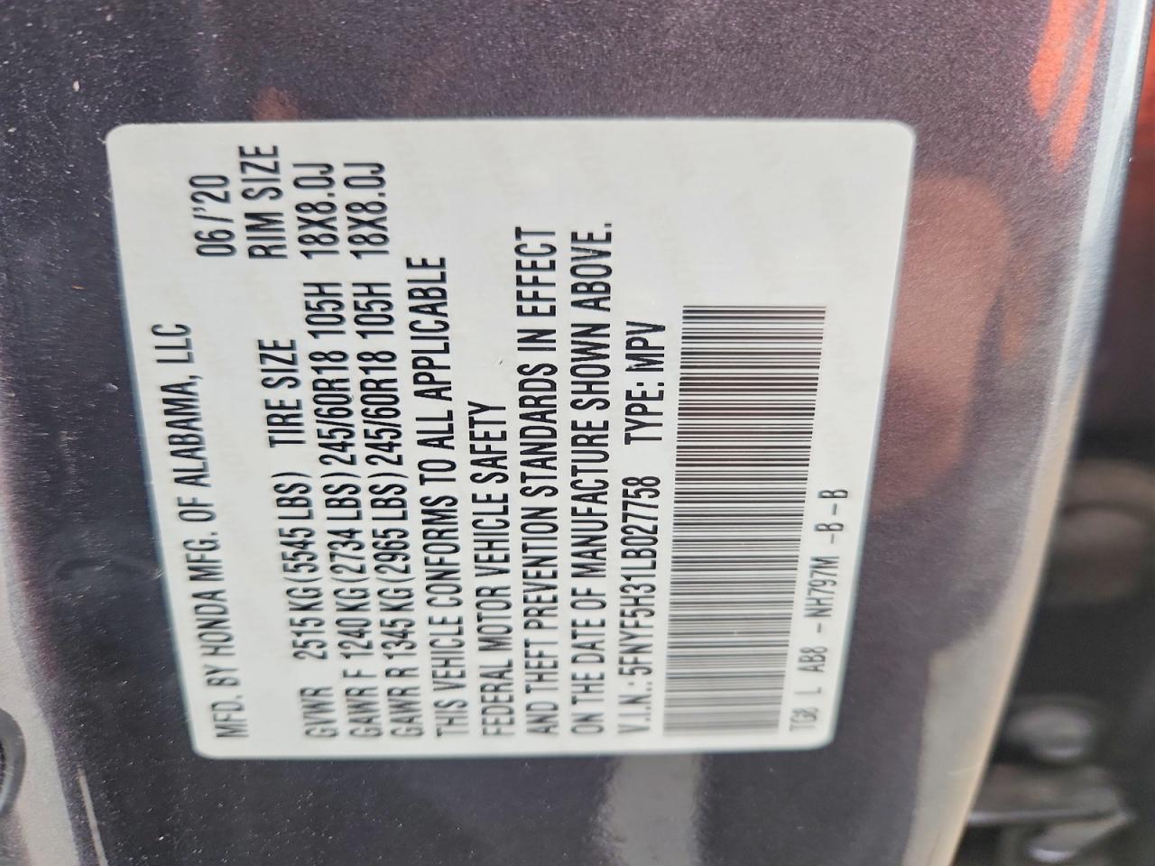 2020 Honda Pilot Ex Gray vin: 5FNYF5H31LB027758