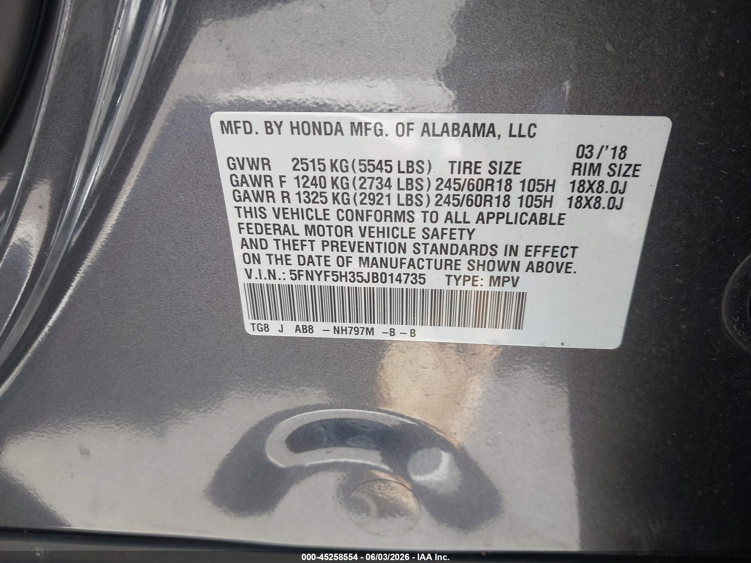 2018 Honda Pilot Ex Gray vin: 5FNYF5H35JB014735