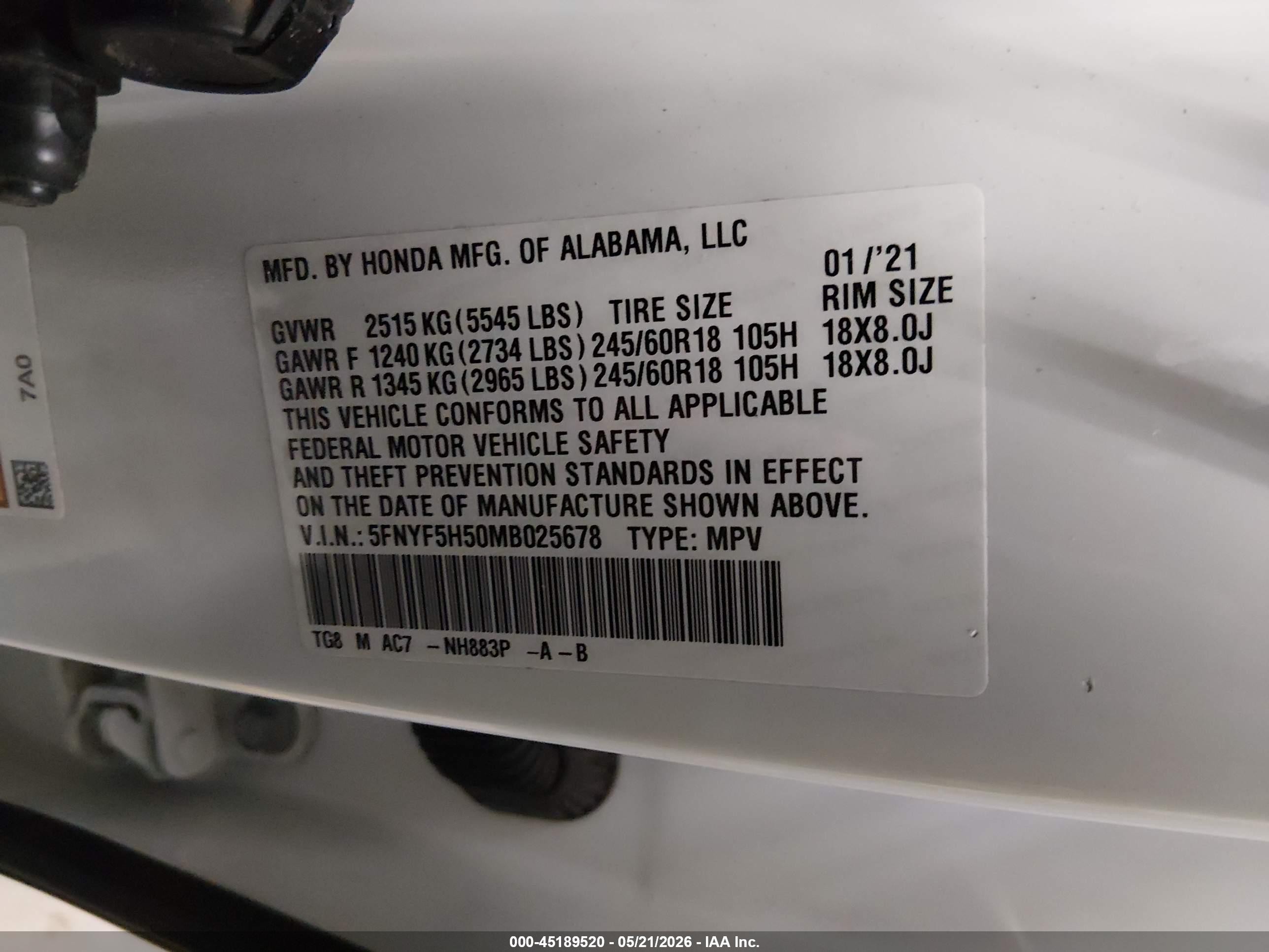 2021 Honda Pilot 2wd Ex-l White vin: 5FNYF5H50MB025678