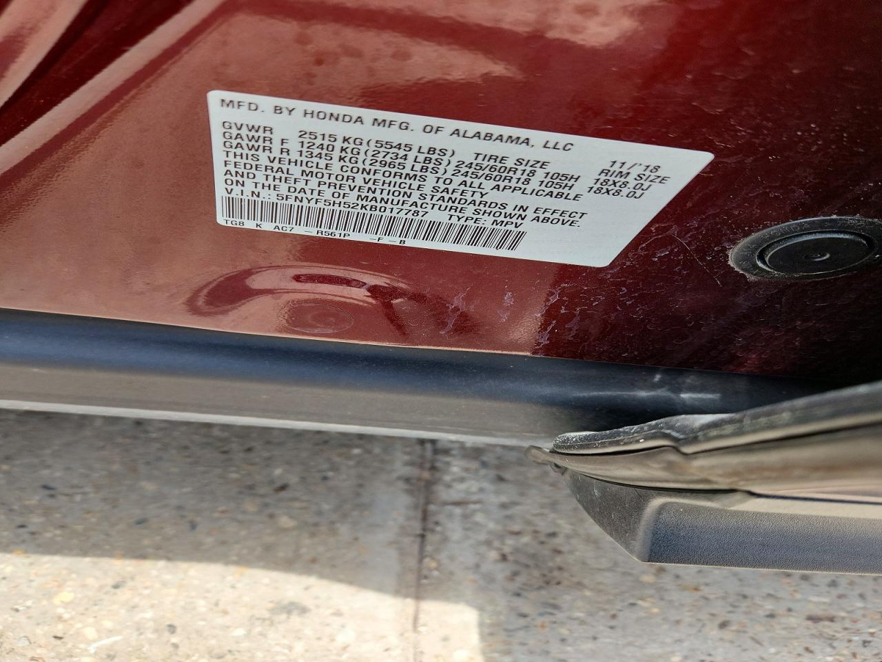 2019 Honda Pilot Exl Бордовый vin: 5FNYF5H52KB017787