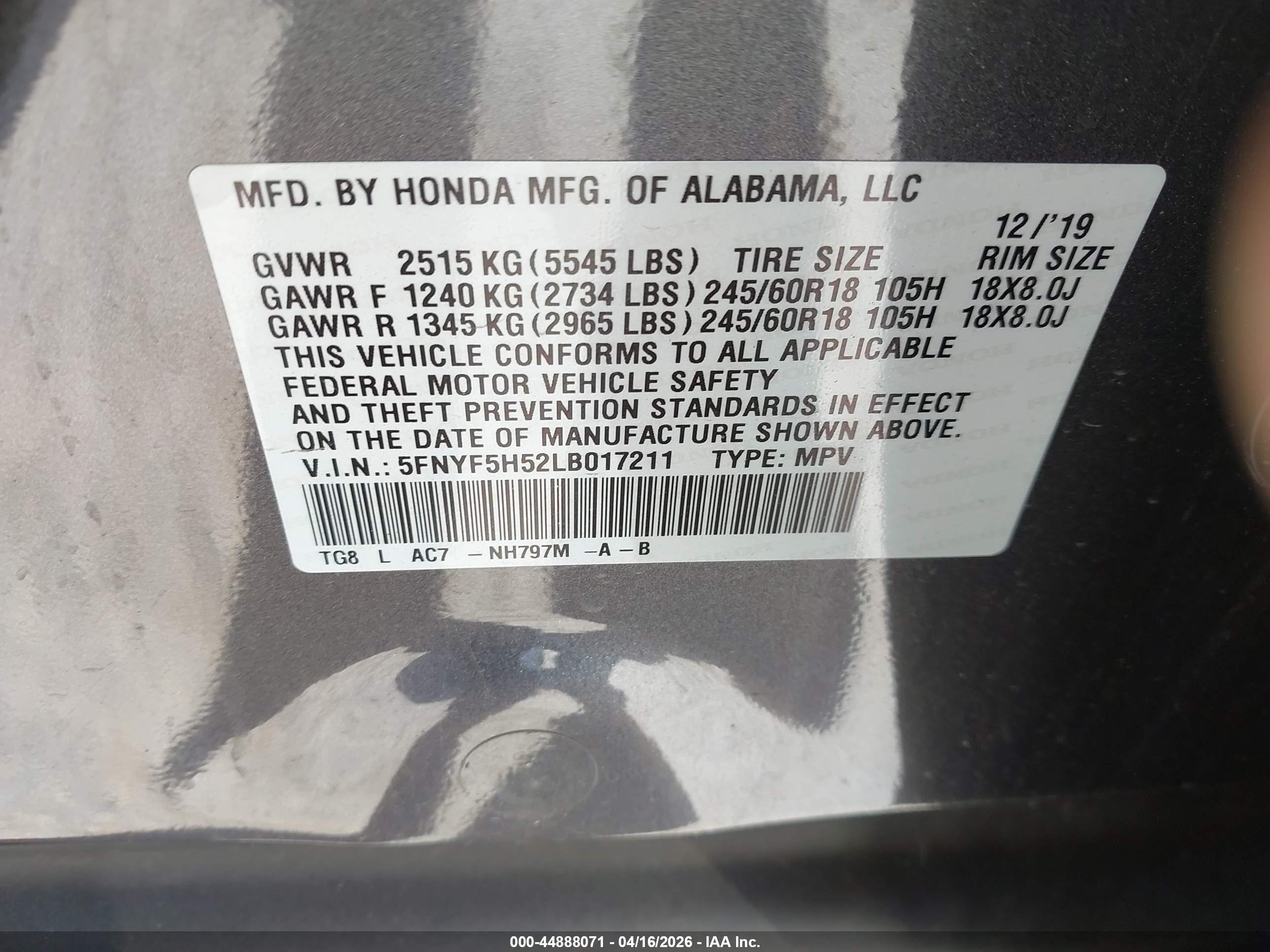 2020 Honda Pilot 2wd Ex-l Gray vin: 5FNYF5H52LB017211