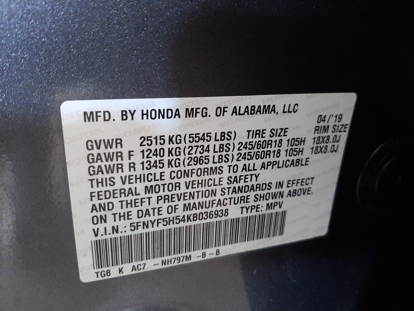 2019 Honda Pilot Exl Gray vin: 5FNYF5H54KB036938