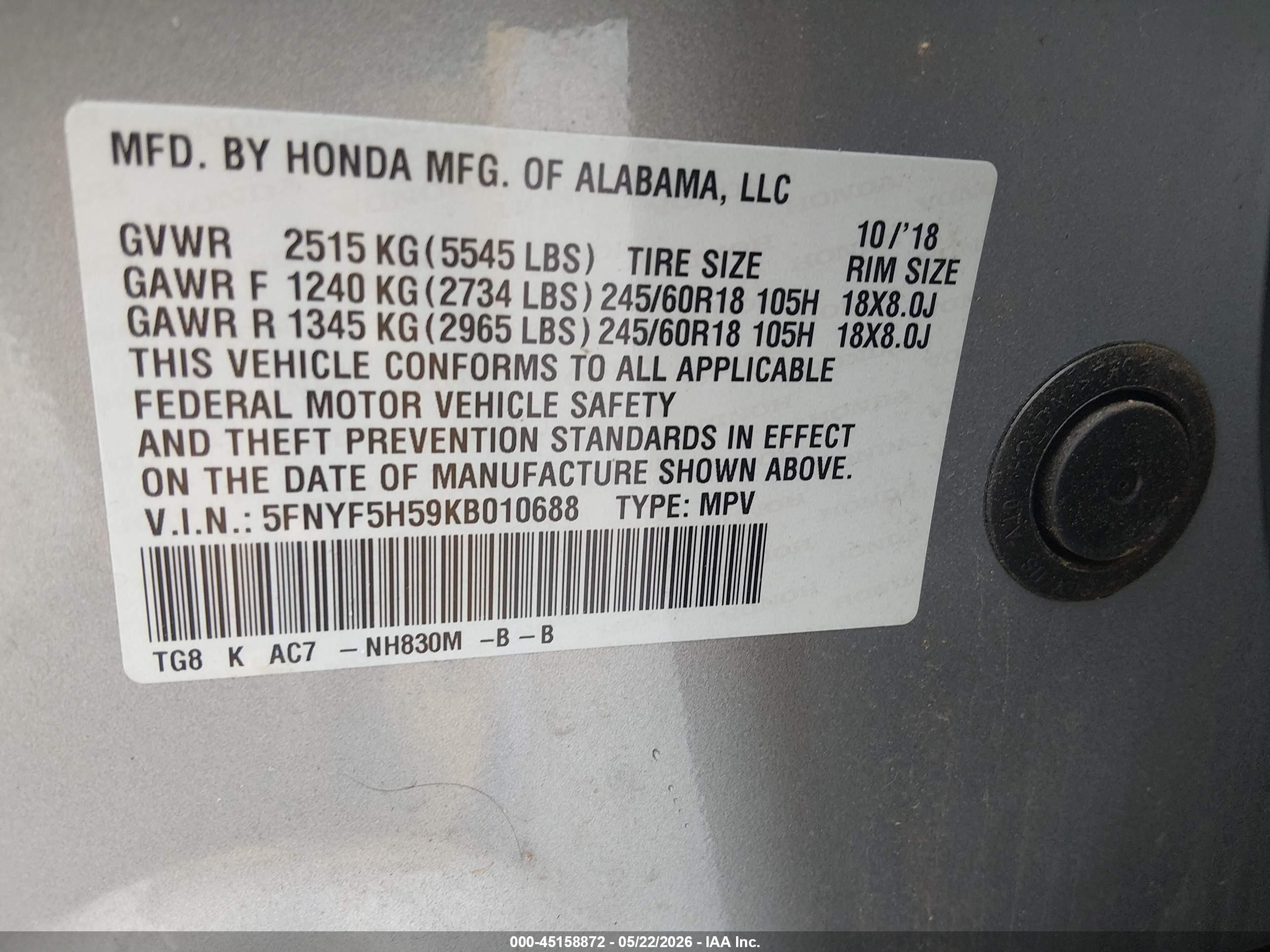 2019 Honda Pilot Ex-l Silver vin: 5FNYF5H59KB010688