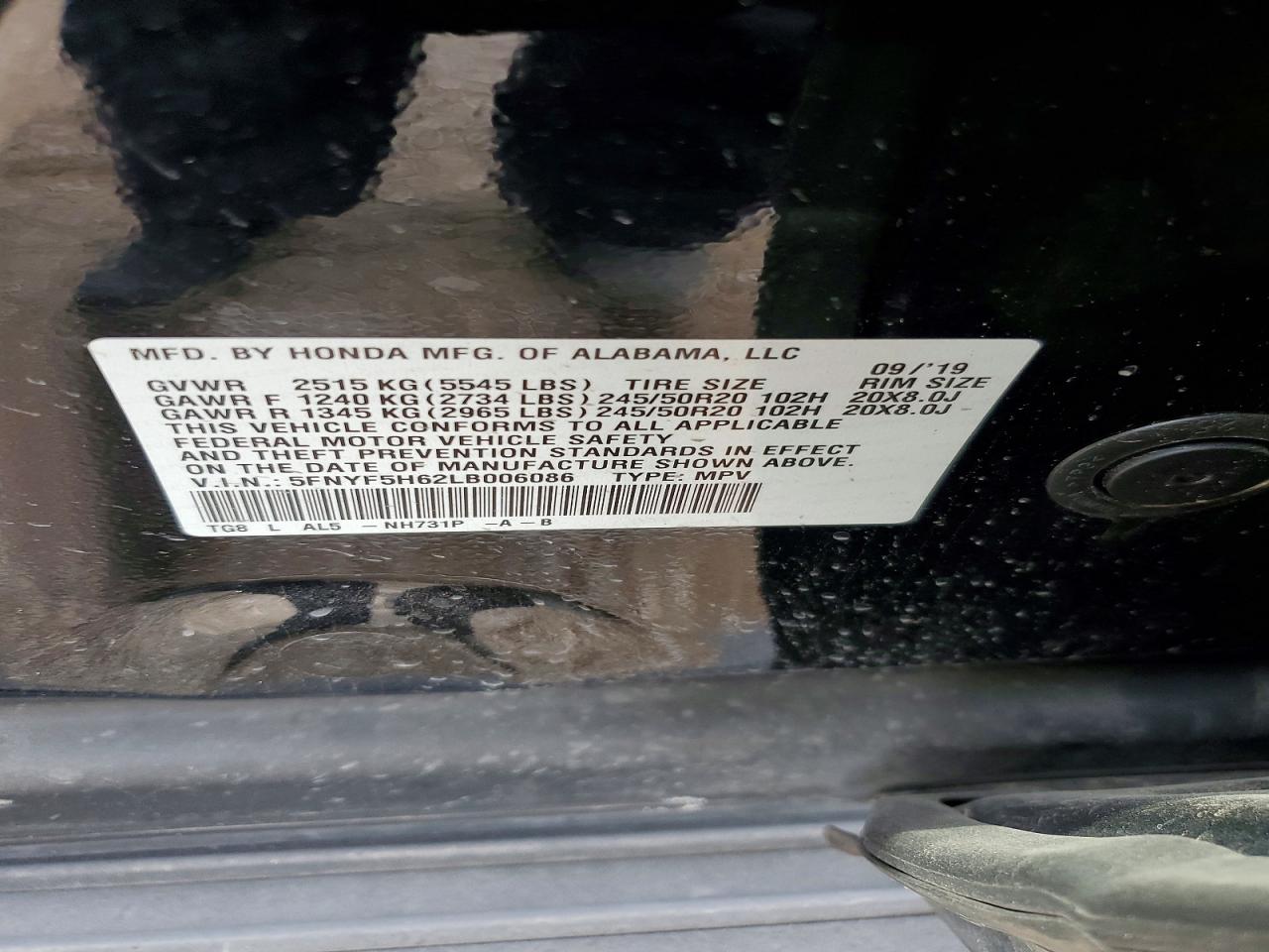 2020 Honda Pilot Touring Black vin: 5FNYF5H62LB006086