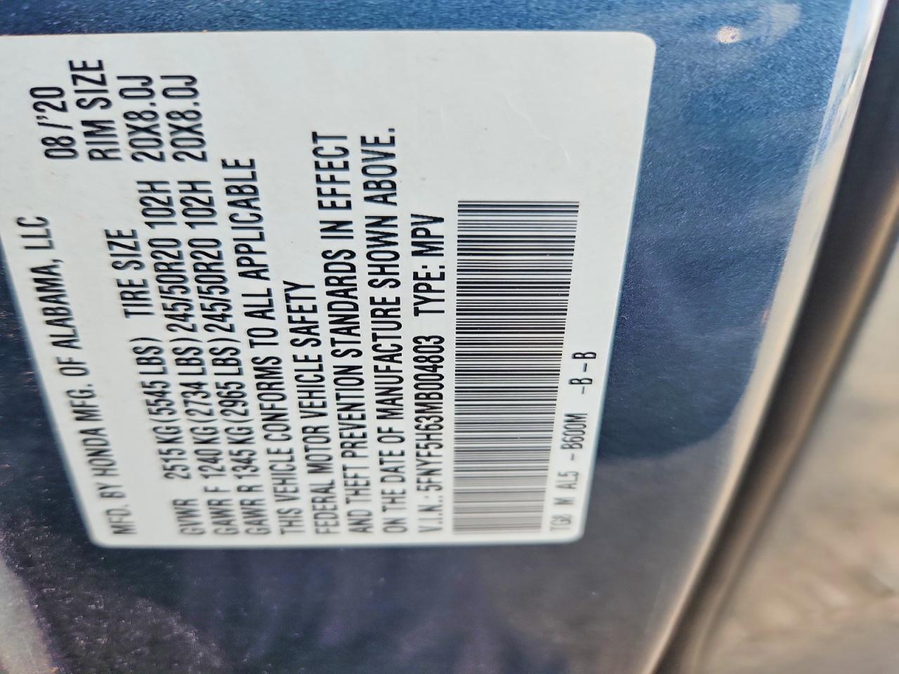 2021 Honda Pilot Touring Blue vin: 5FNYF5H63MB004803