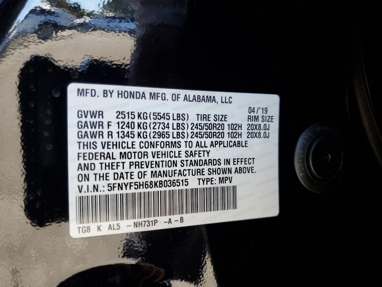 2019 Honda Pilot Touring Black vin: 5FNYF5H68KB036515