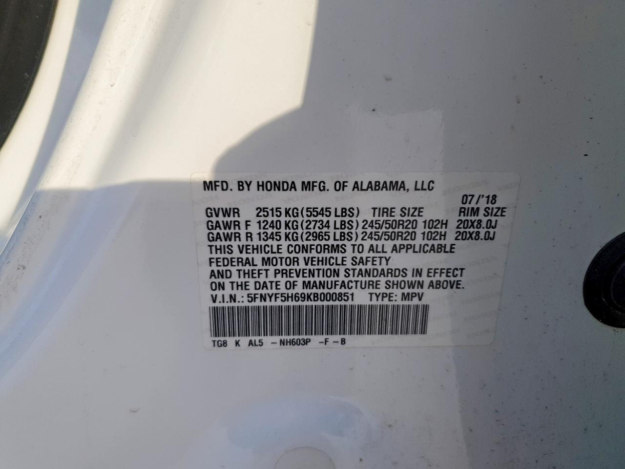 2019 Honda Pilot Touring White vin: 5FNYF5H69KB000851