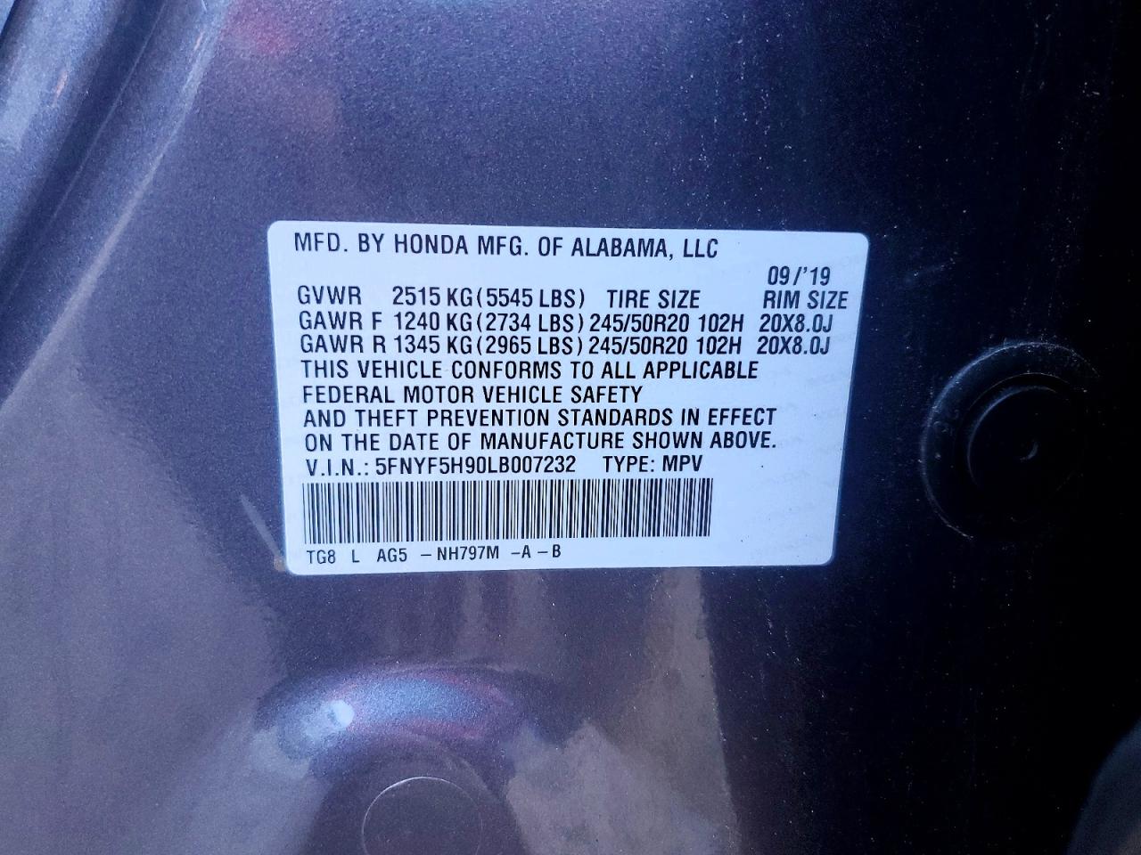 2020 Honda Pilot Touring Gray vin: 5FNYF5H90LB007232