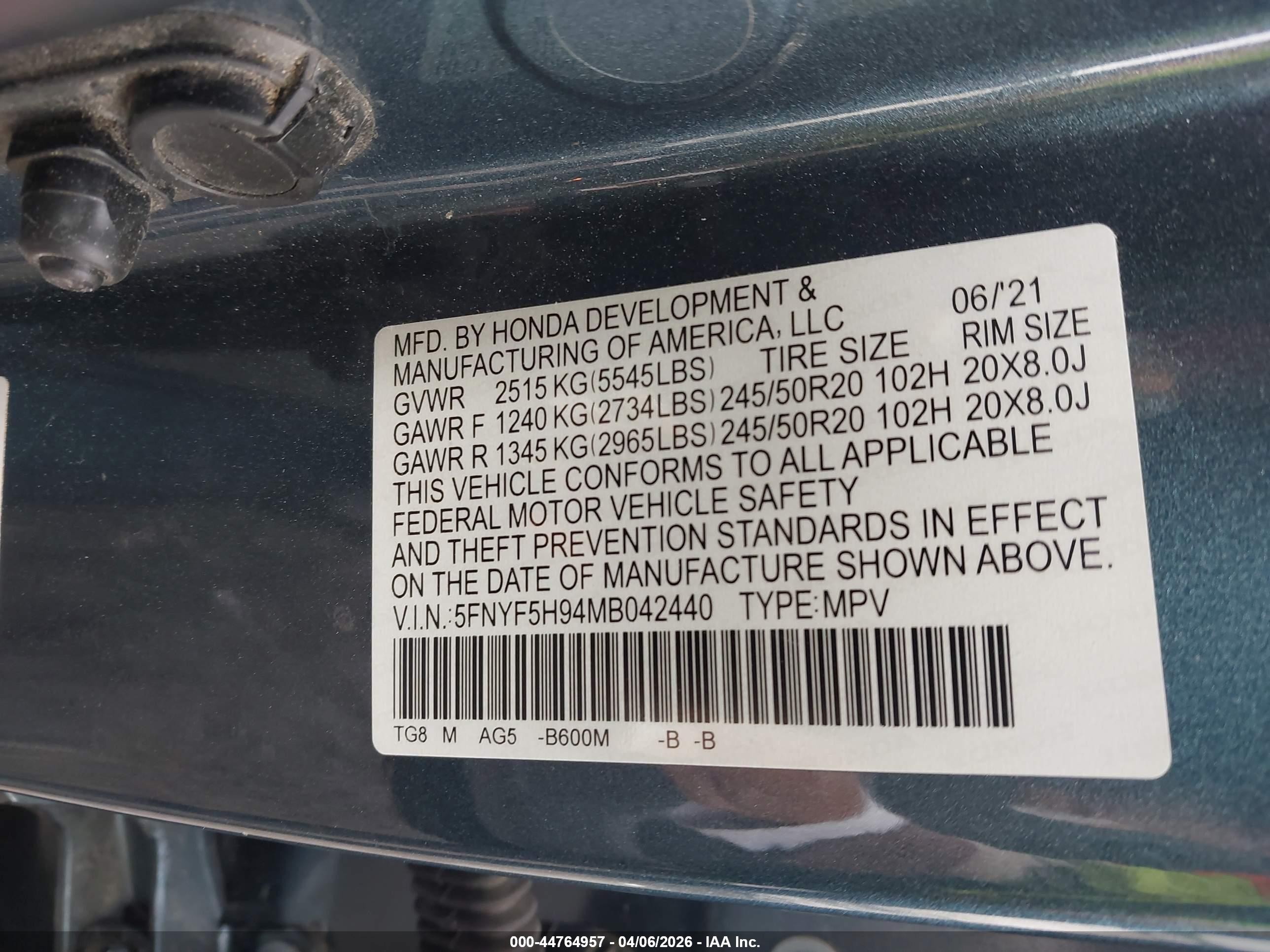 2021 Honda Pilot 2wd Touring 8 Passenger Синий vin: 5FNYF5H94MB042440
