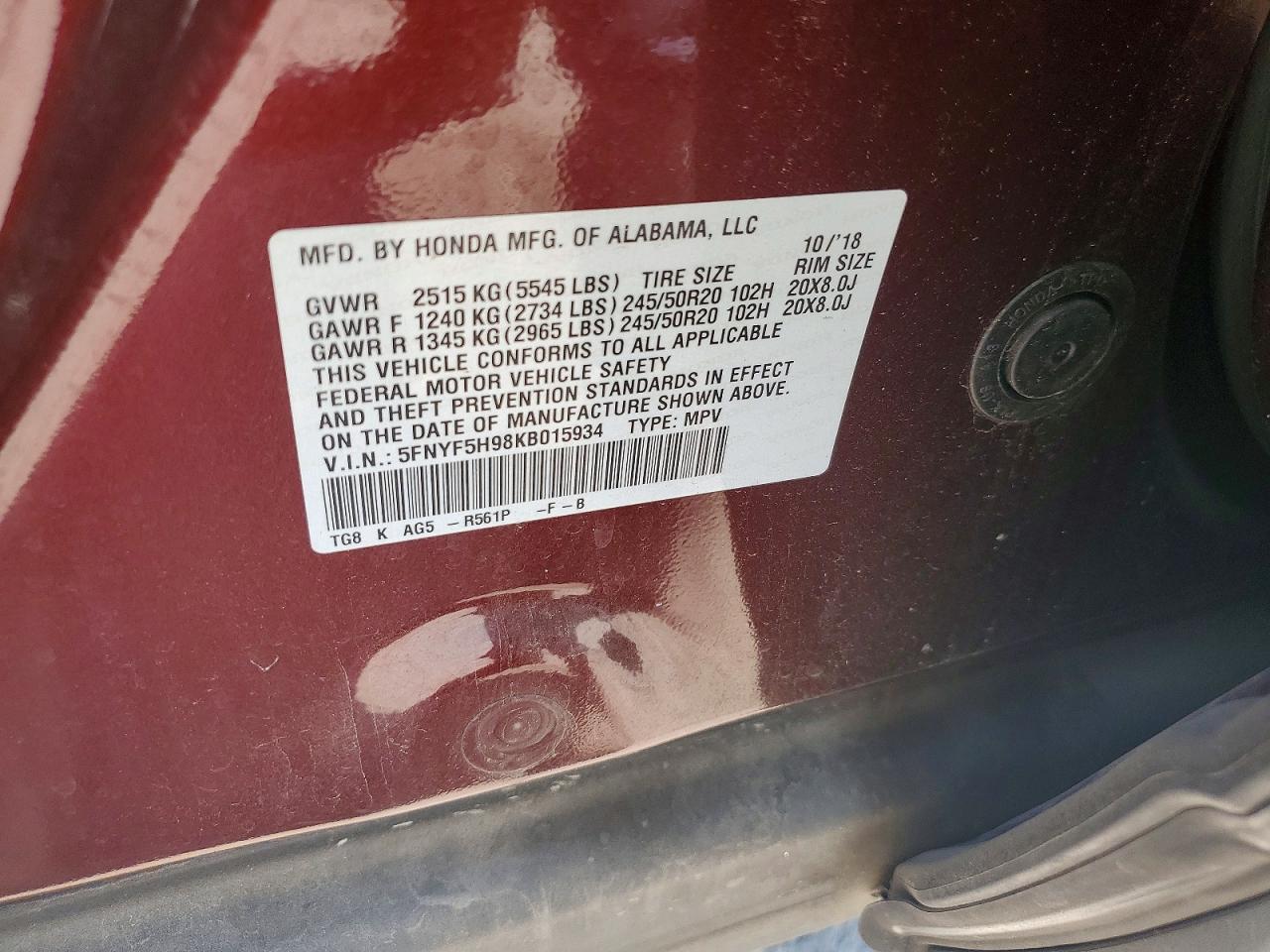 2019 Honda Pilot Touring Бордовый vin: 5FNYF5H98KB015934