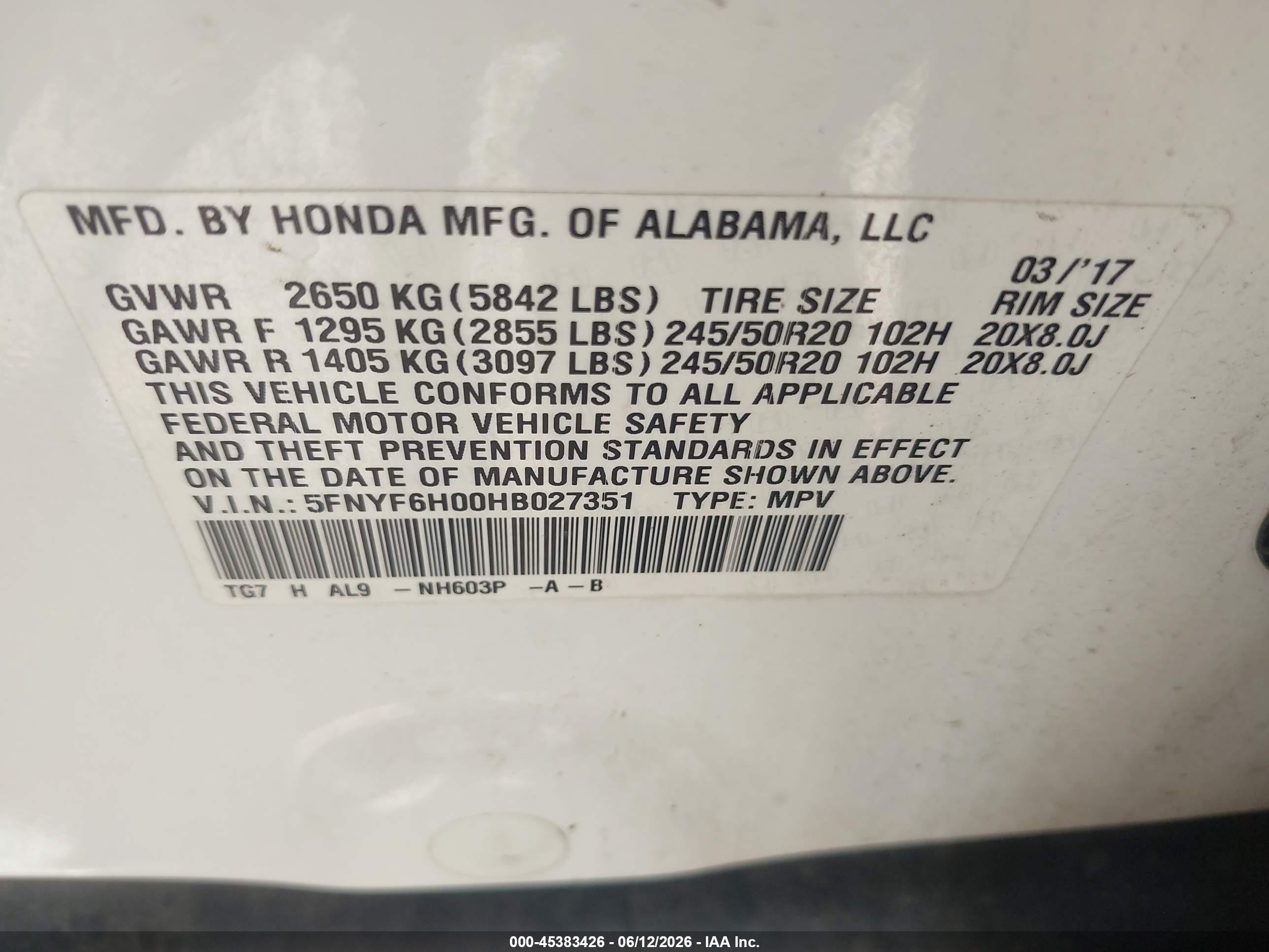 2017 Honda Pilot Elite White vin: 5FNYF6H00HB027351
