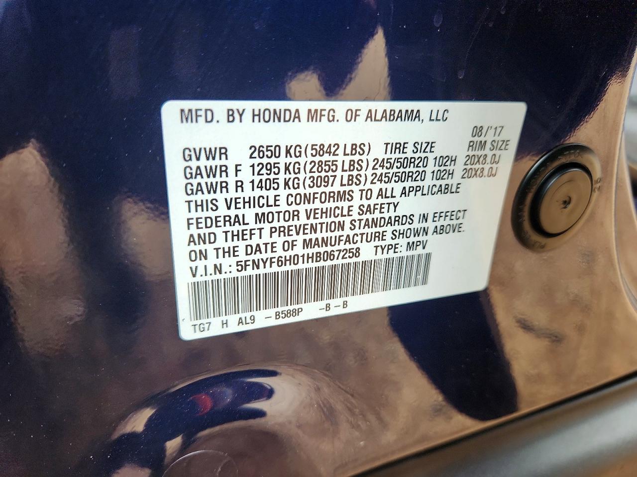 2017 Honda Pilot Elite Blue vin: 5FNYF6H01HB067258