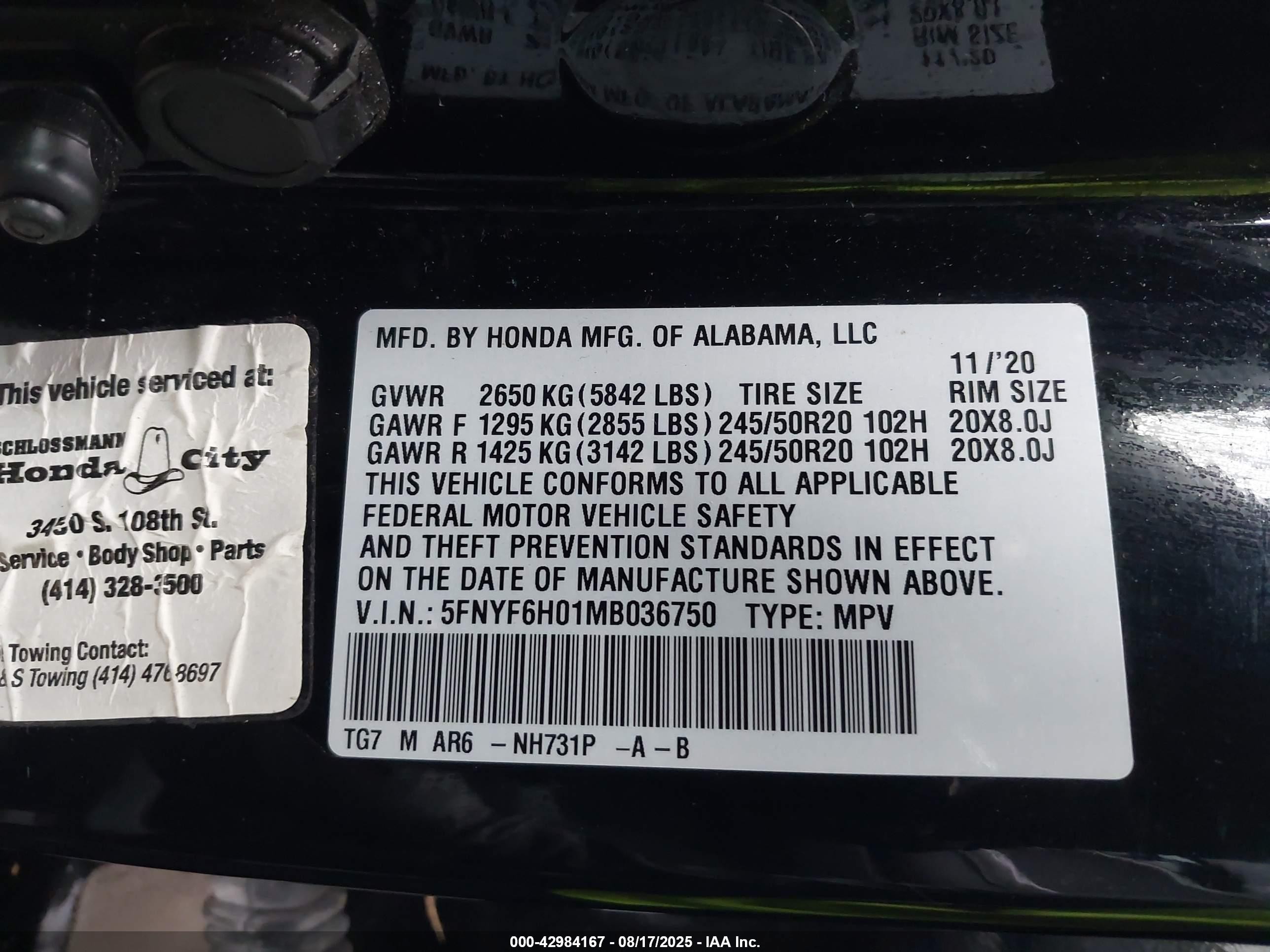2021 Honda Pilot Awd Elite Black vin: 5FNYF6H01MB036750