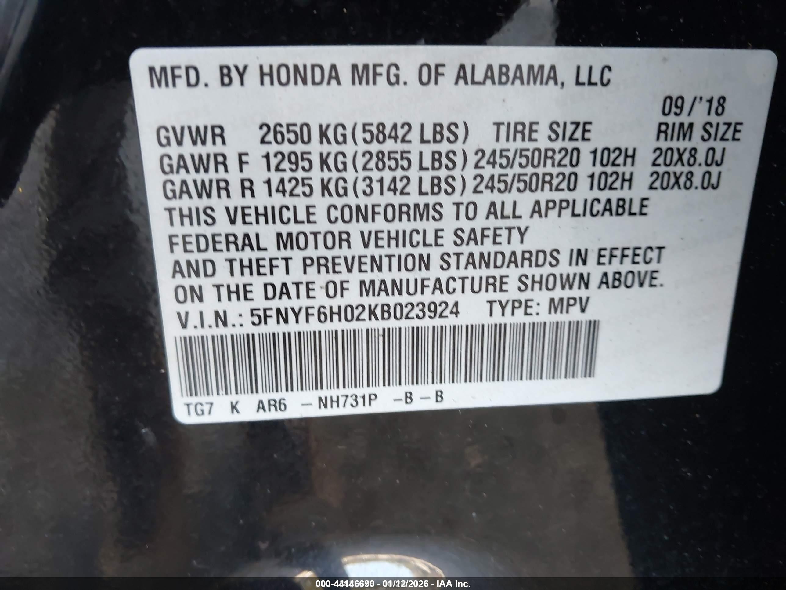2019 Honda Pilot Elite Black vin: 5FNYF6H02KB023924