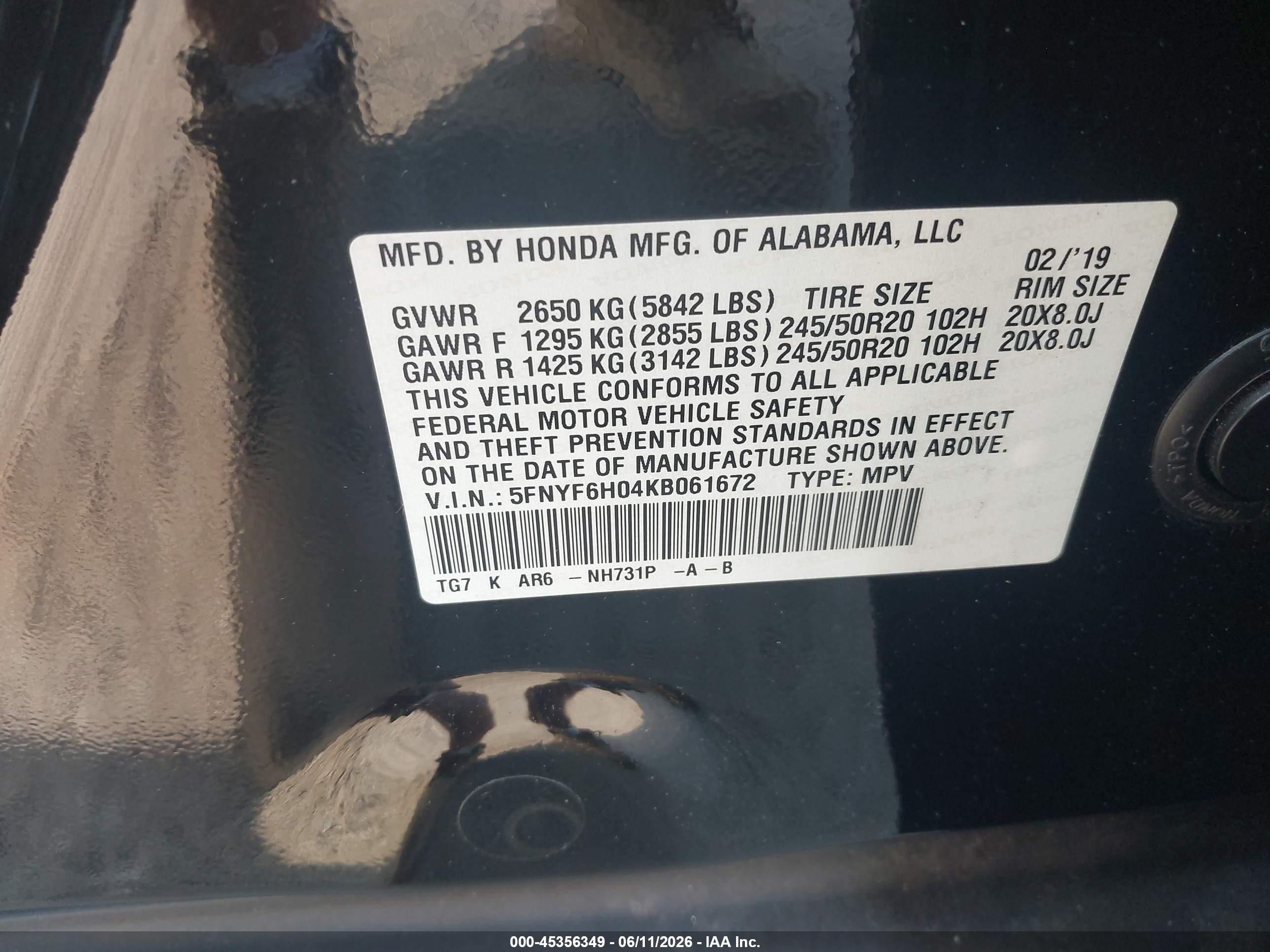 2019 Honda Pilot Elite Черный vin: 5FNYF6H04KB061672