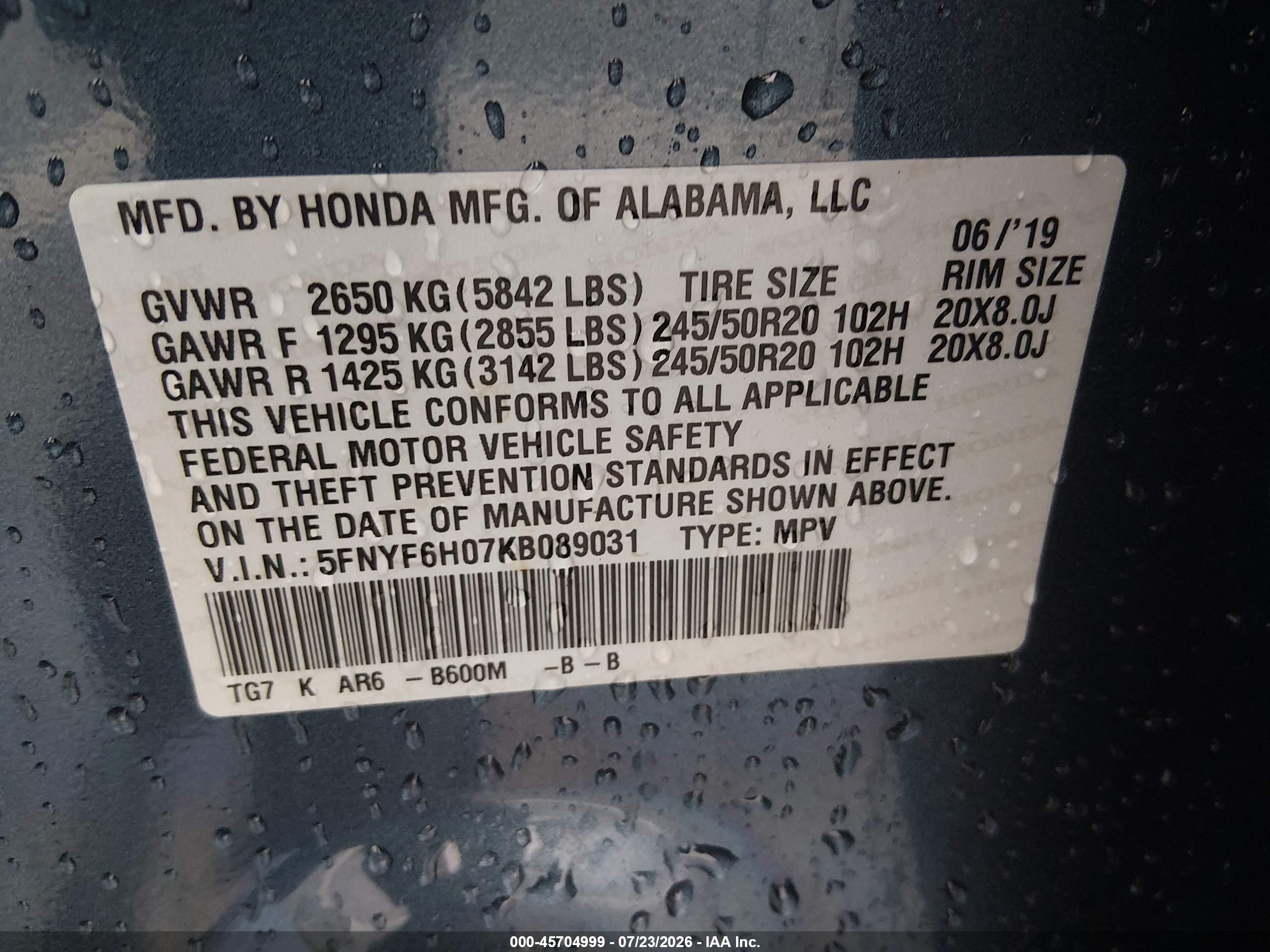 2019 Honda Pilot Elite Blue vin: 5FNYF6H07KB089031