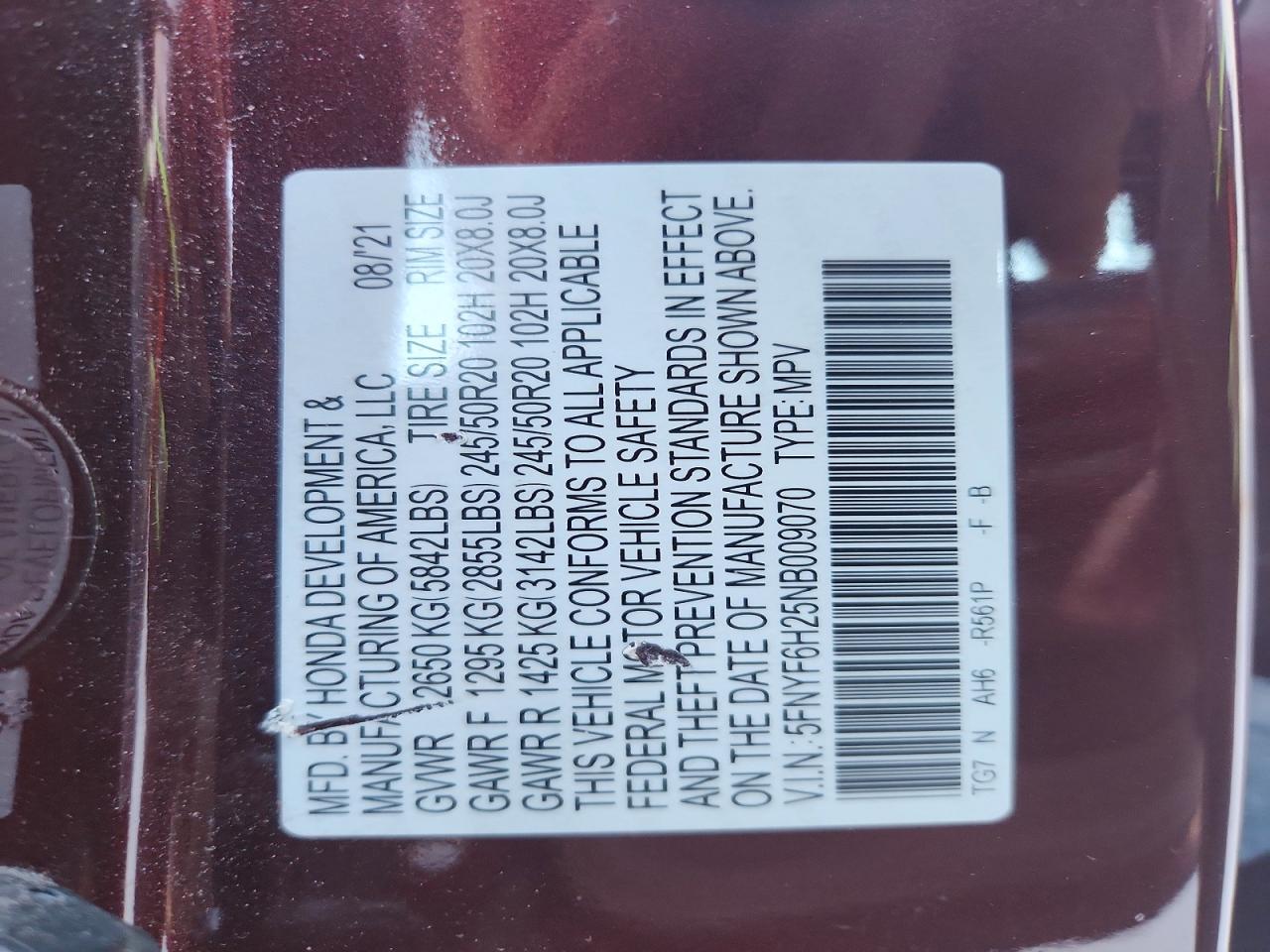 2022 Honda Pilot Se Burgundy vin: 5FNYF6H25NB009070