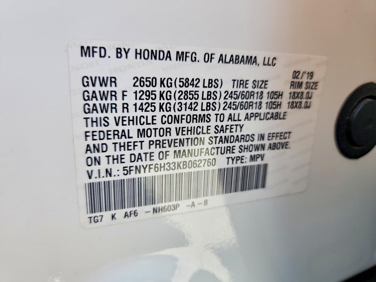 2019 Honda Pilot Ex White vin: 5FNYF6H33KB062760