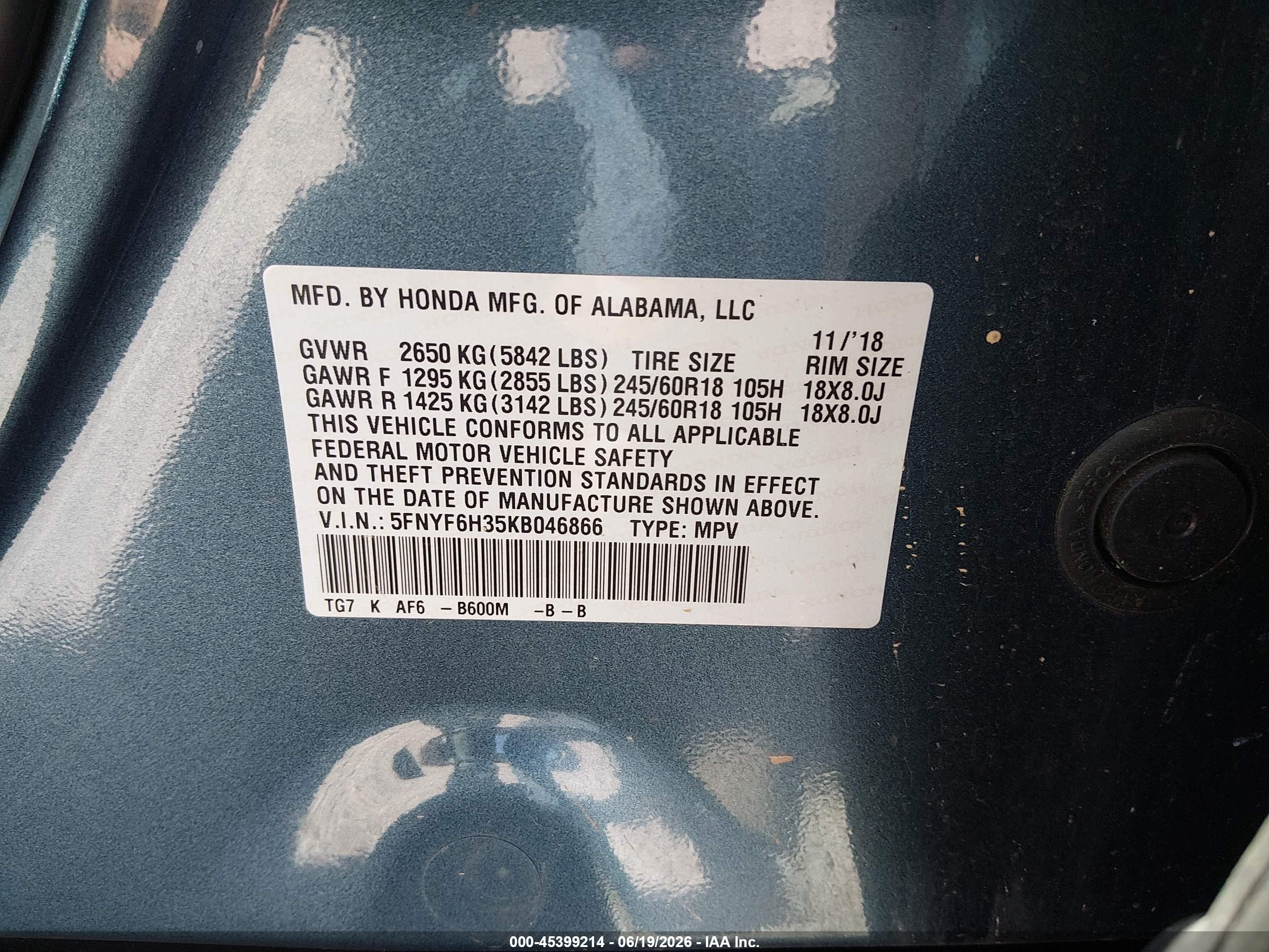2019 Honda Pilot Ex Blue vin: 5FNYF6H35KB046866