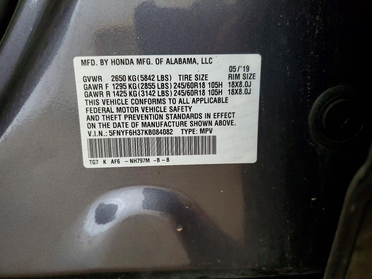 2019 Honda Pilot Ex Gray vin: 5FNYF6H37KB084082