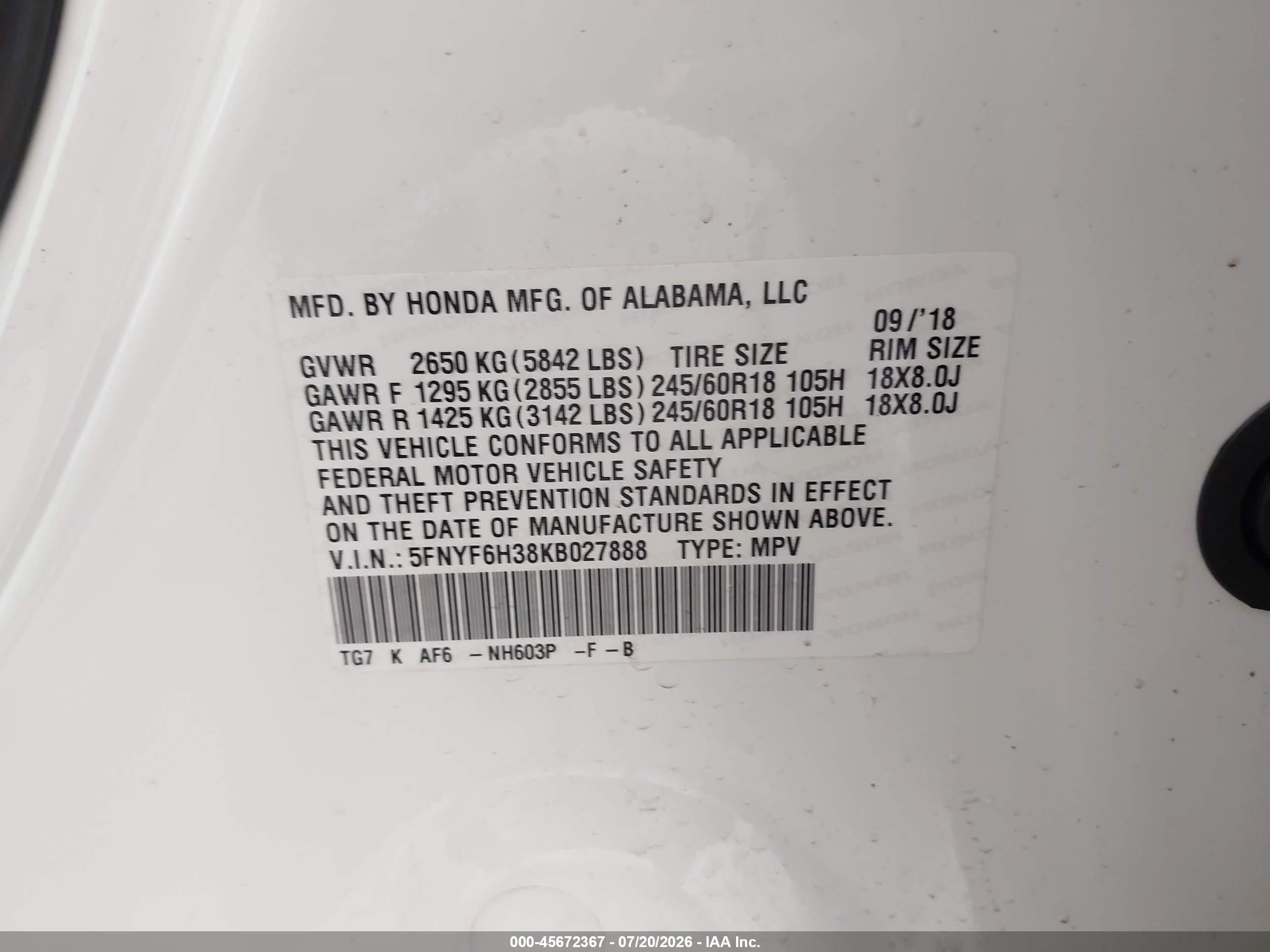 2019 Honda Pilot Ex White vin: 5FNYF6H38KB027888