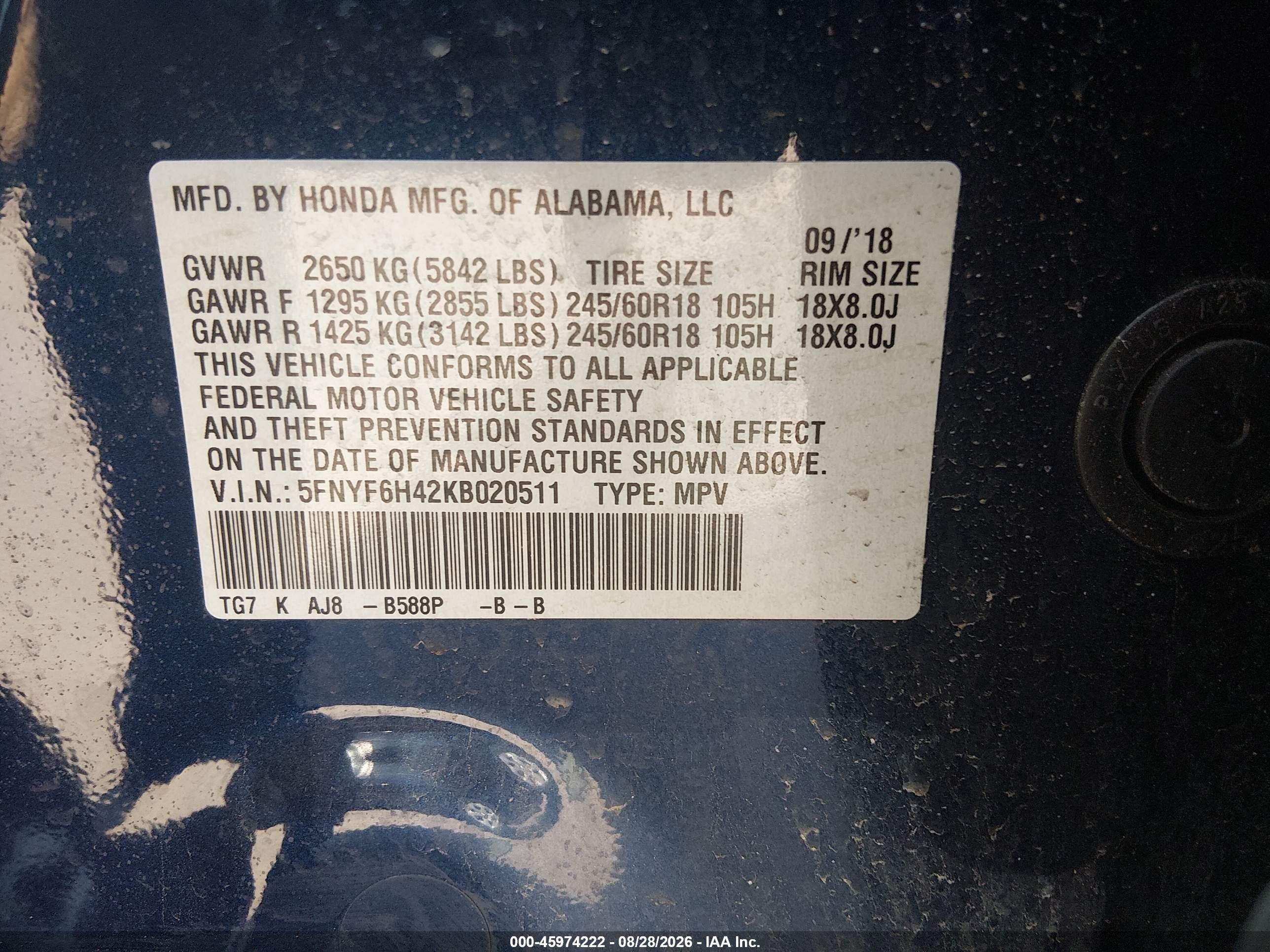 2019 Honda Pilot Ex-l Синий vin: 5FNYF6H42KB020511