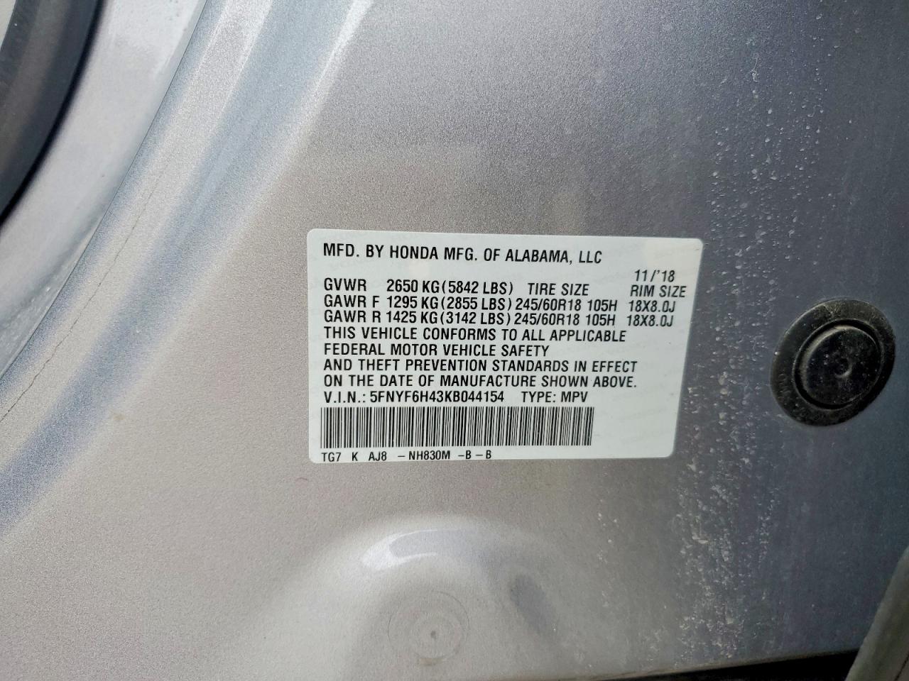 2019 Honda Pilot Exl Silver vin: 5FNYF6H43KB044154