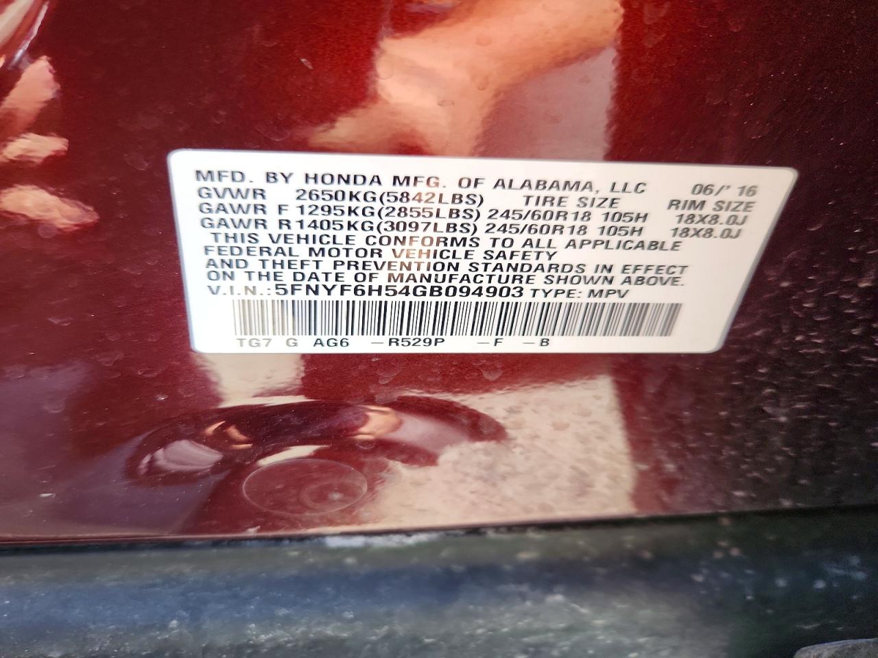 2016 Honda Pilot Exl Бордовый vin: 5FNYF6H54GB094903